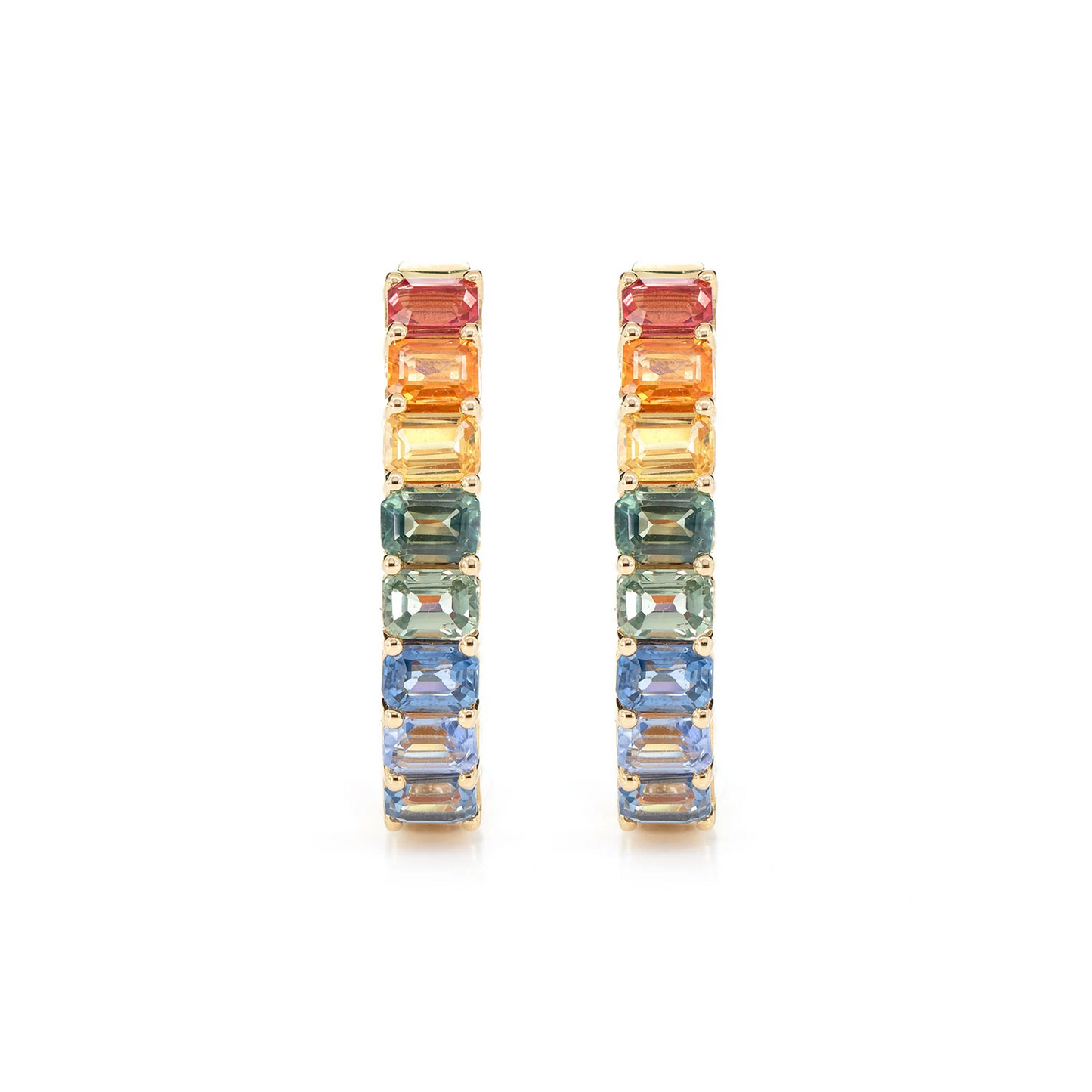 Rainbow Colored Sapphire Inside Outside Diamond Hoop Earrings