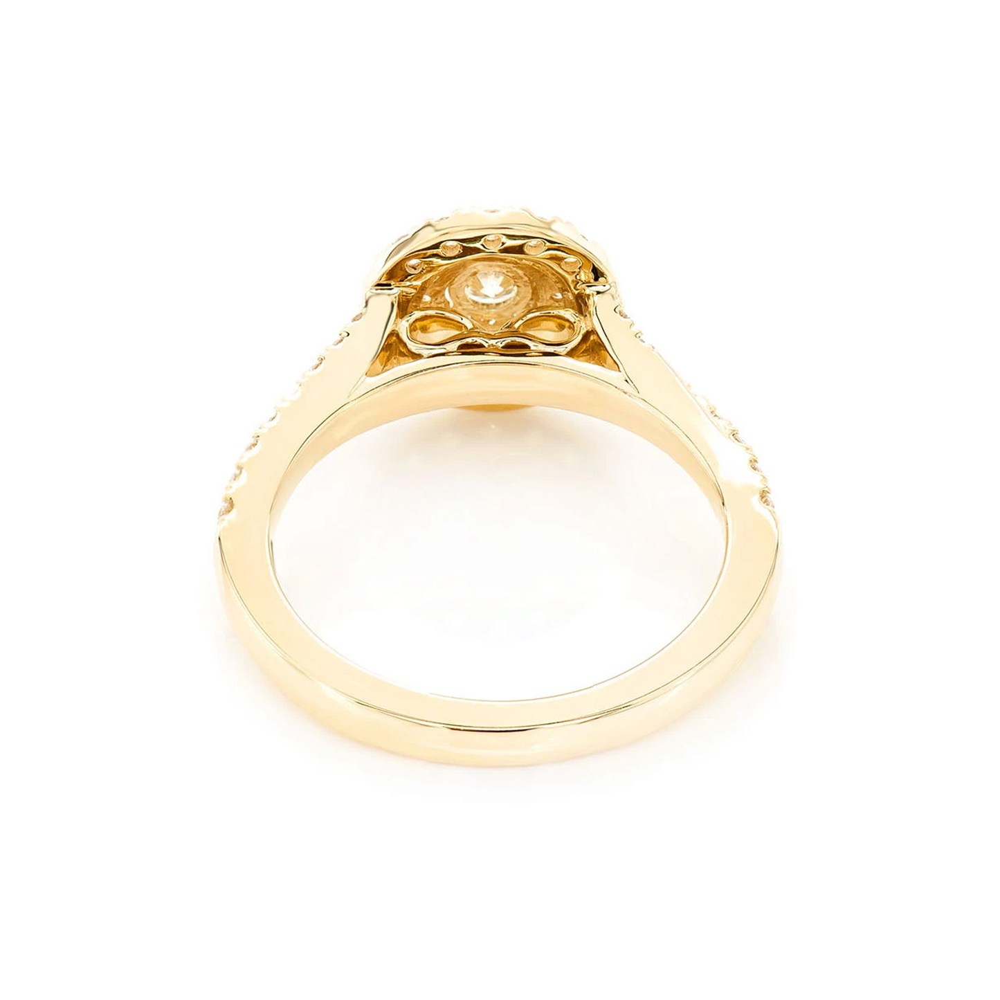 Classic Round Double Halo Diamond Ring in 14K yellow gold, detail view