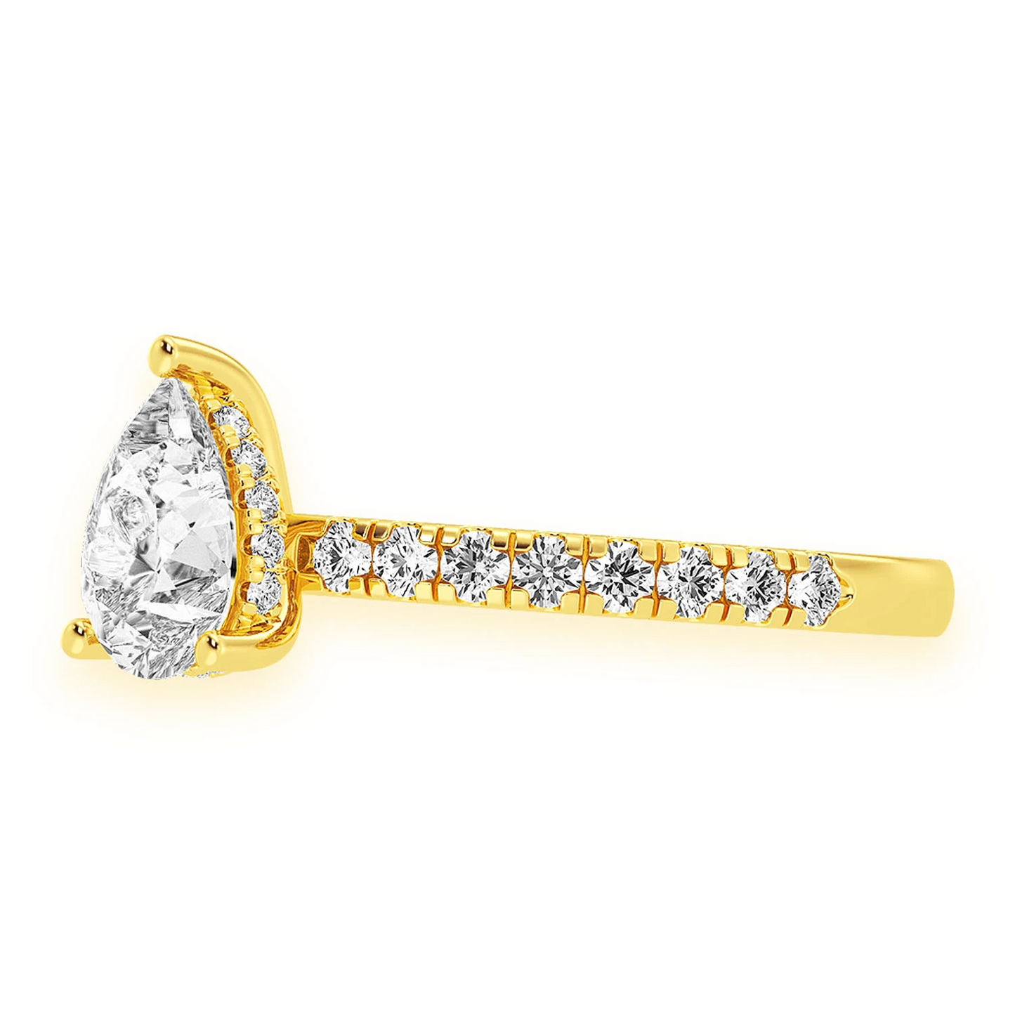 Pear Solitaire One Row Under Halo Ring in 14K yellow gold, detail view