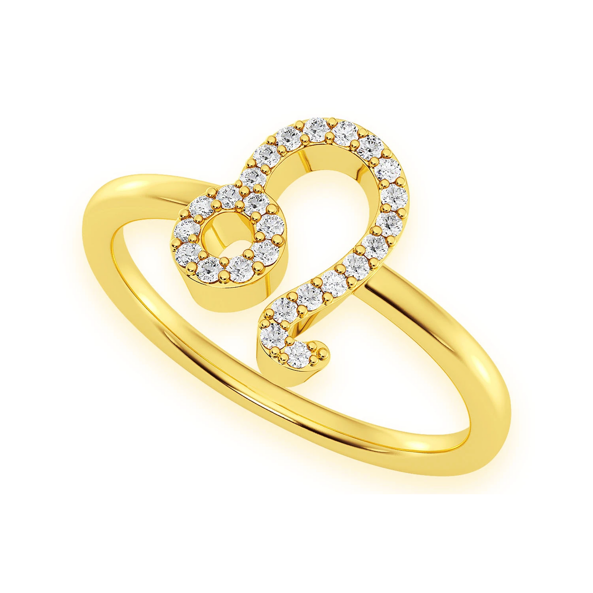 Zodiac Diamond Ring in 14K yellow gold, Leo design, detail view