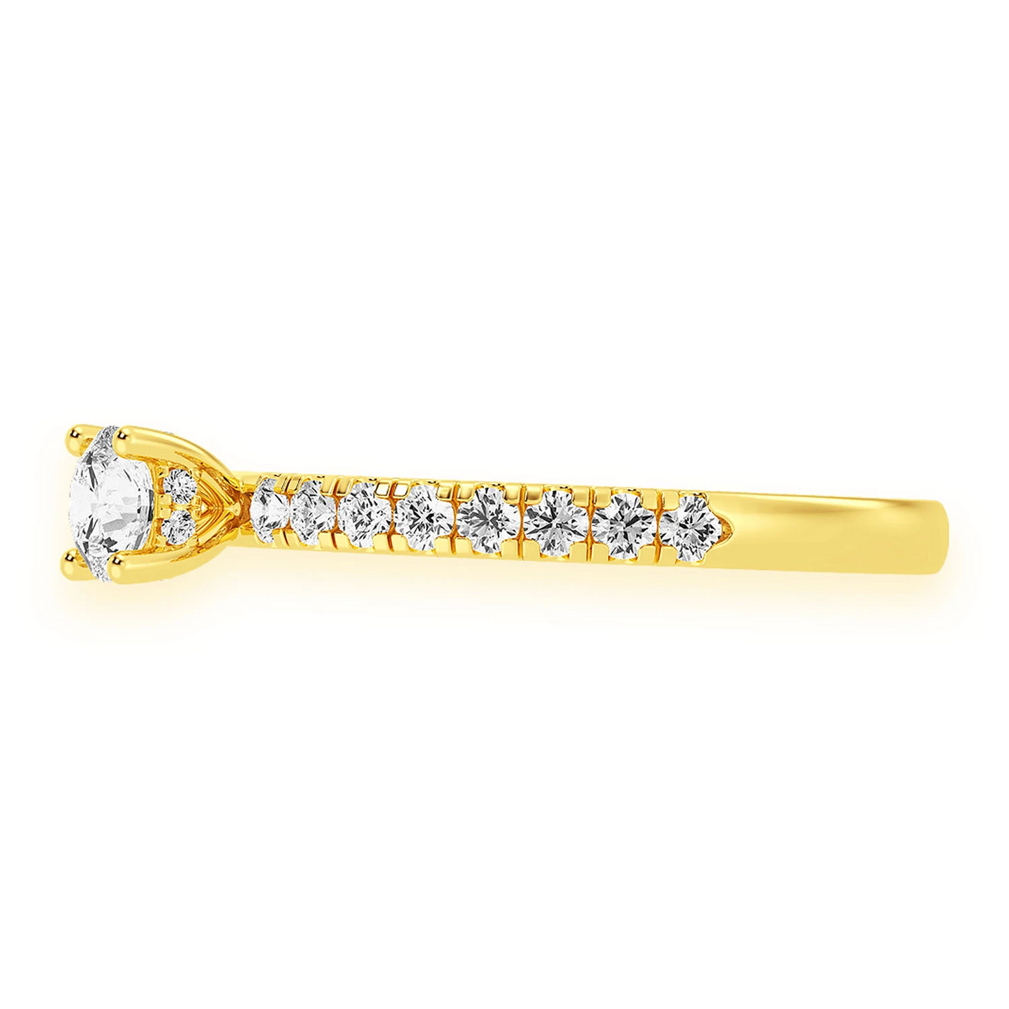 Classic One Row Under Halo Diamond Ring in 14K yellow gold, detail view
