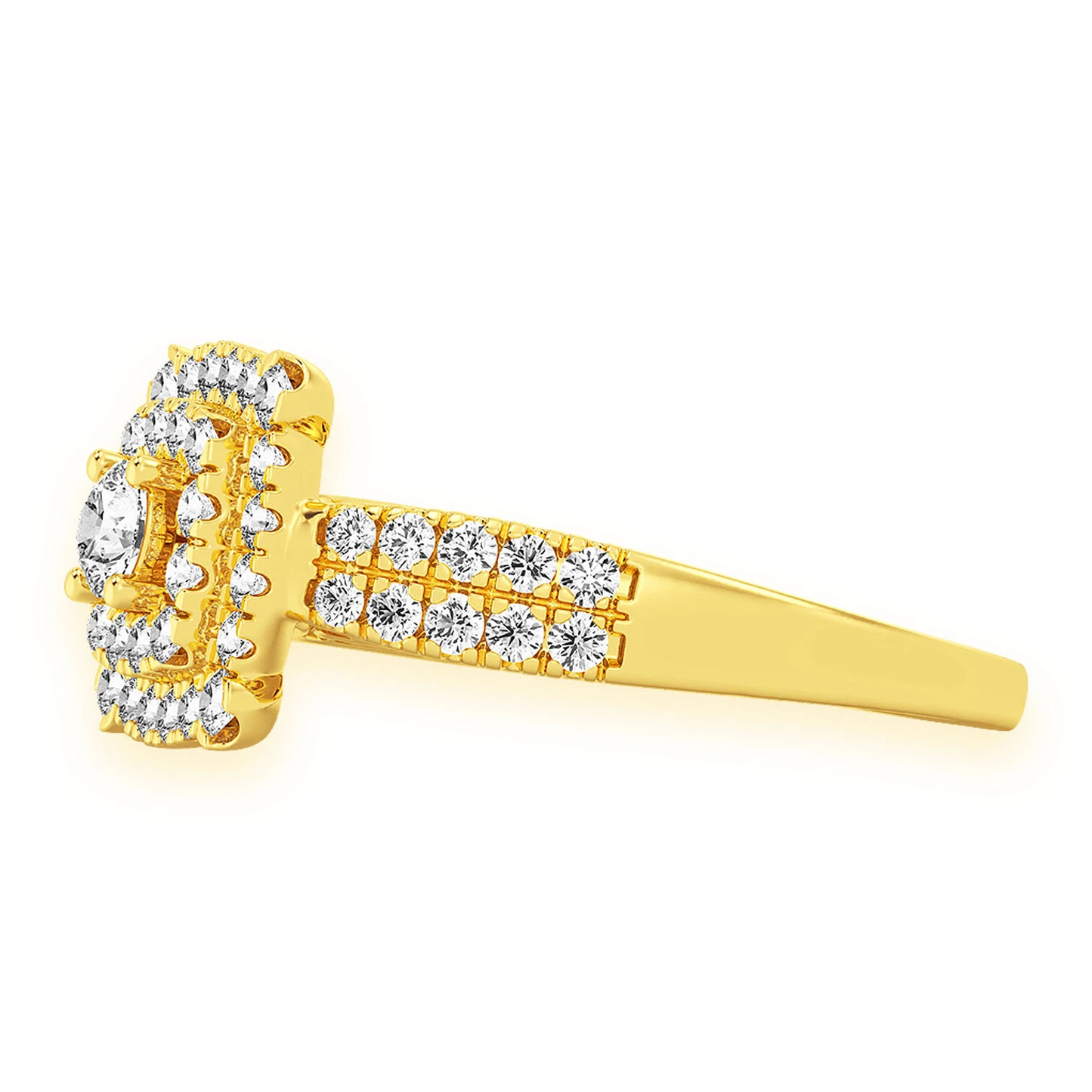 Square Double Halo Diamond Ring in 14K yellow gold, side view