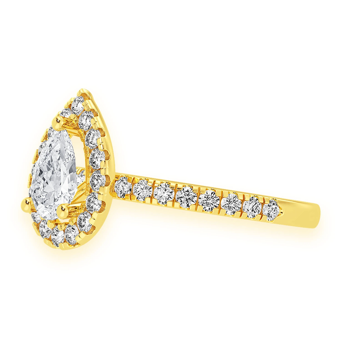 Pear Scallop Halo One Row Diamond Ring in 14K yellow gold, detail view