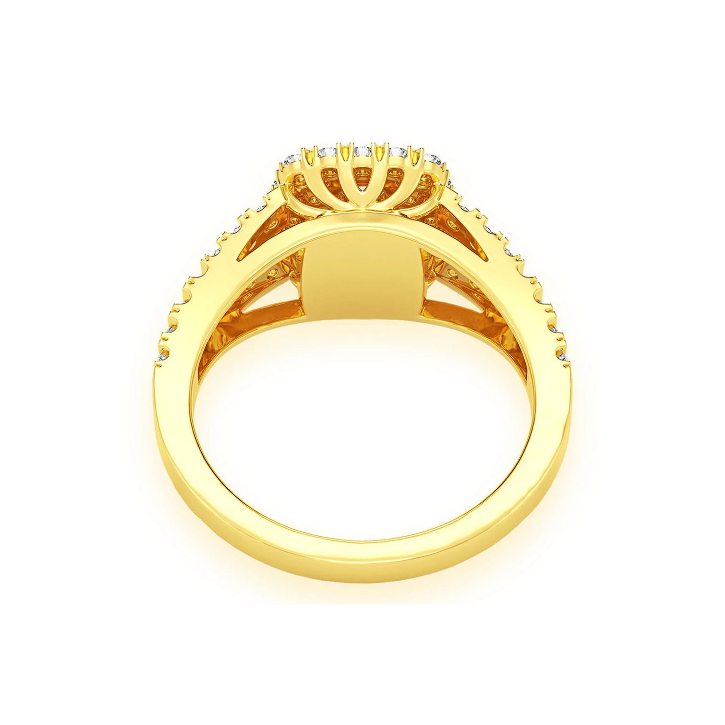 Cushion Double Halo Split Shank Ring in 14K yellow gold, alternate view