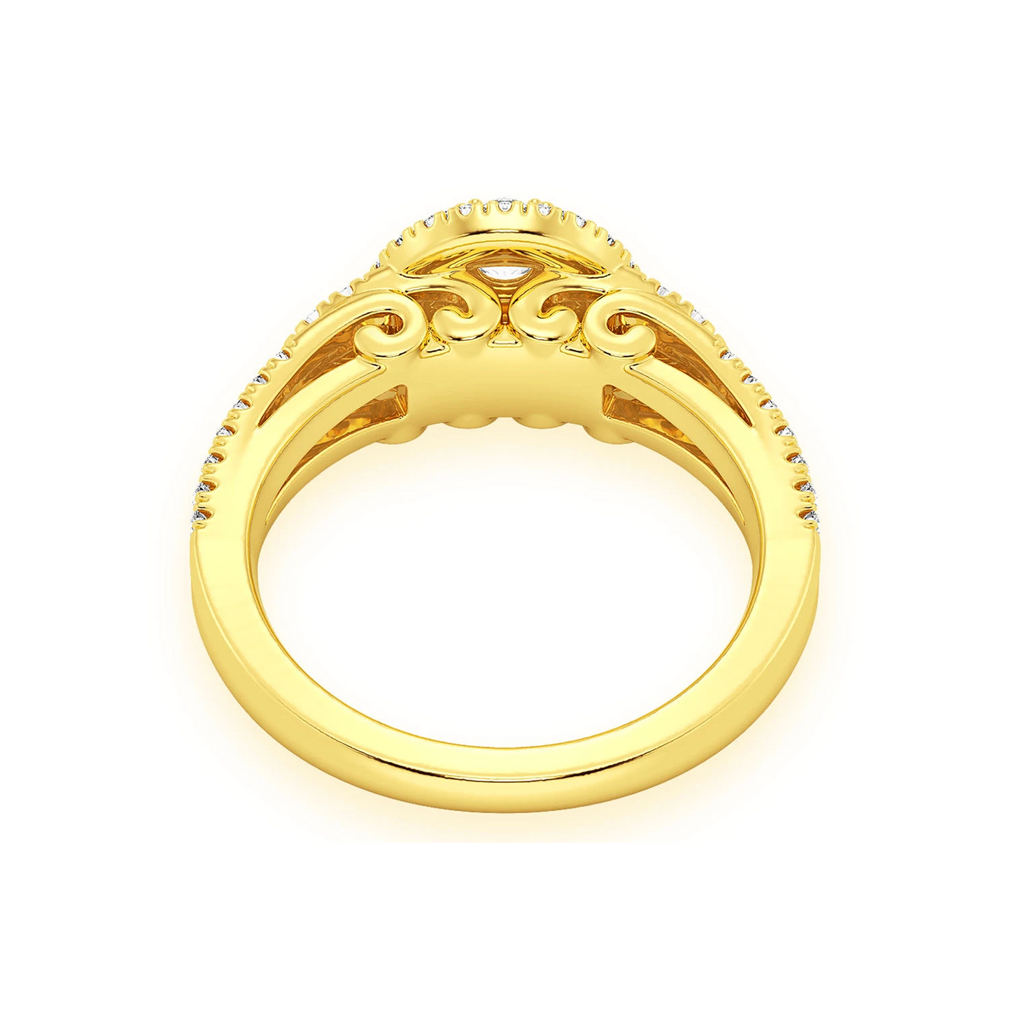Fancy Shank Tiered Halo Ring in 14K yellow gold, detail view