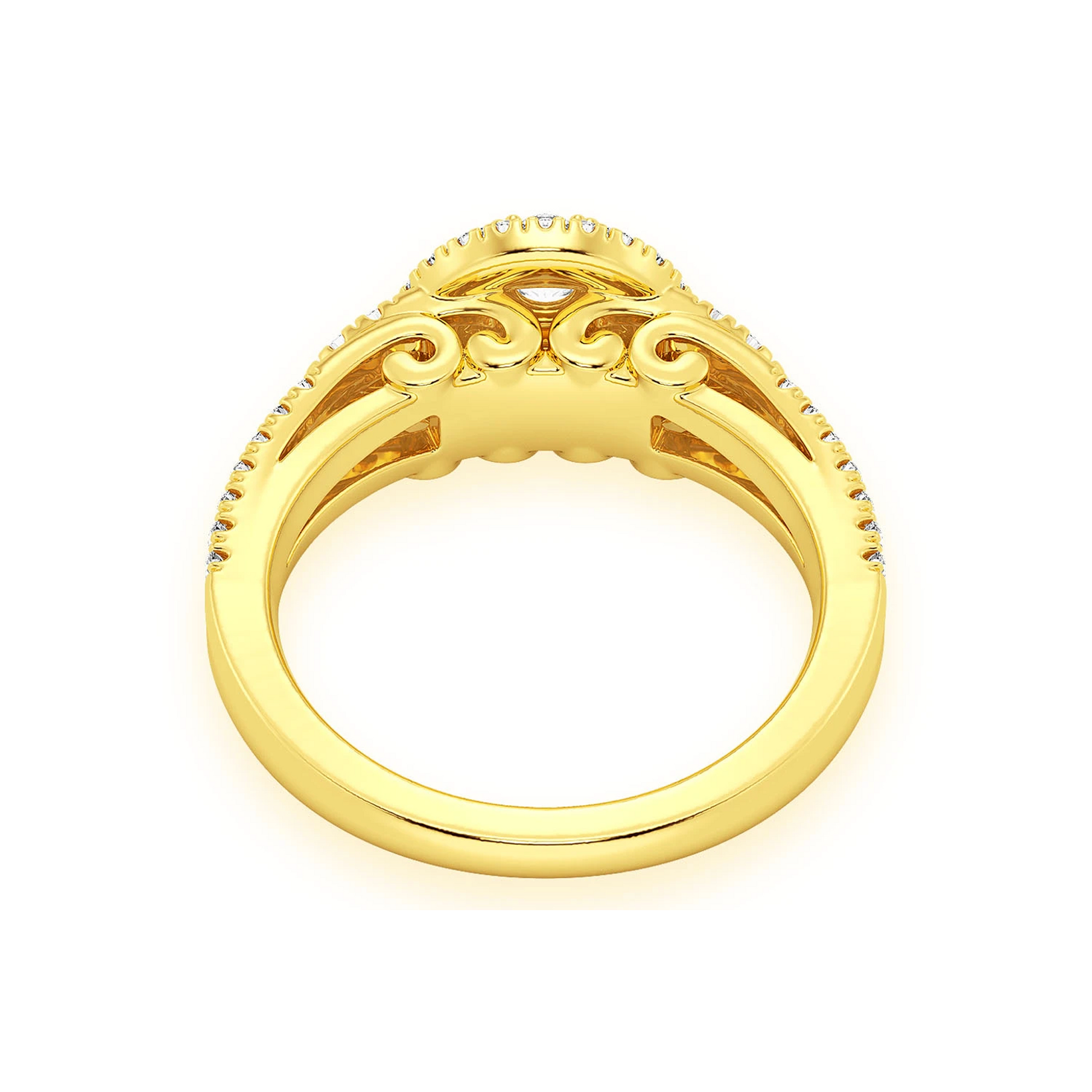 Fancy Shank Tiered Halo Ring in 14K yellow gold, detail view