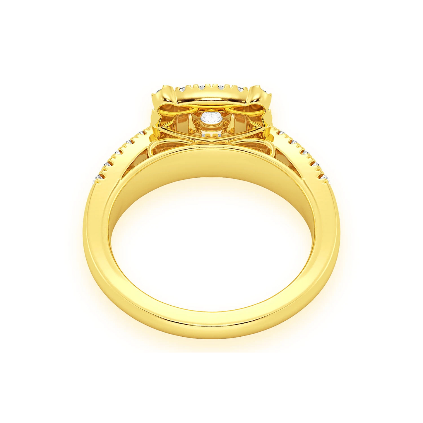 Square Double Halo Diamond Ring in 14K yellow gold, detail view