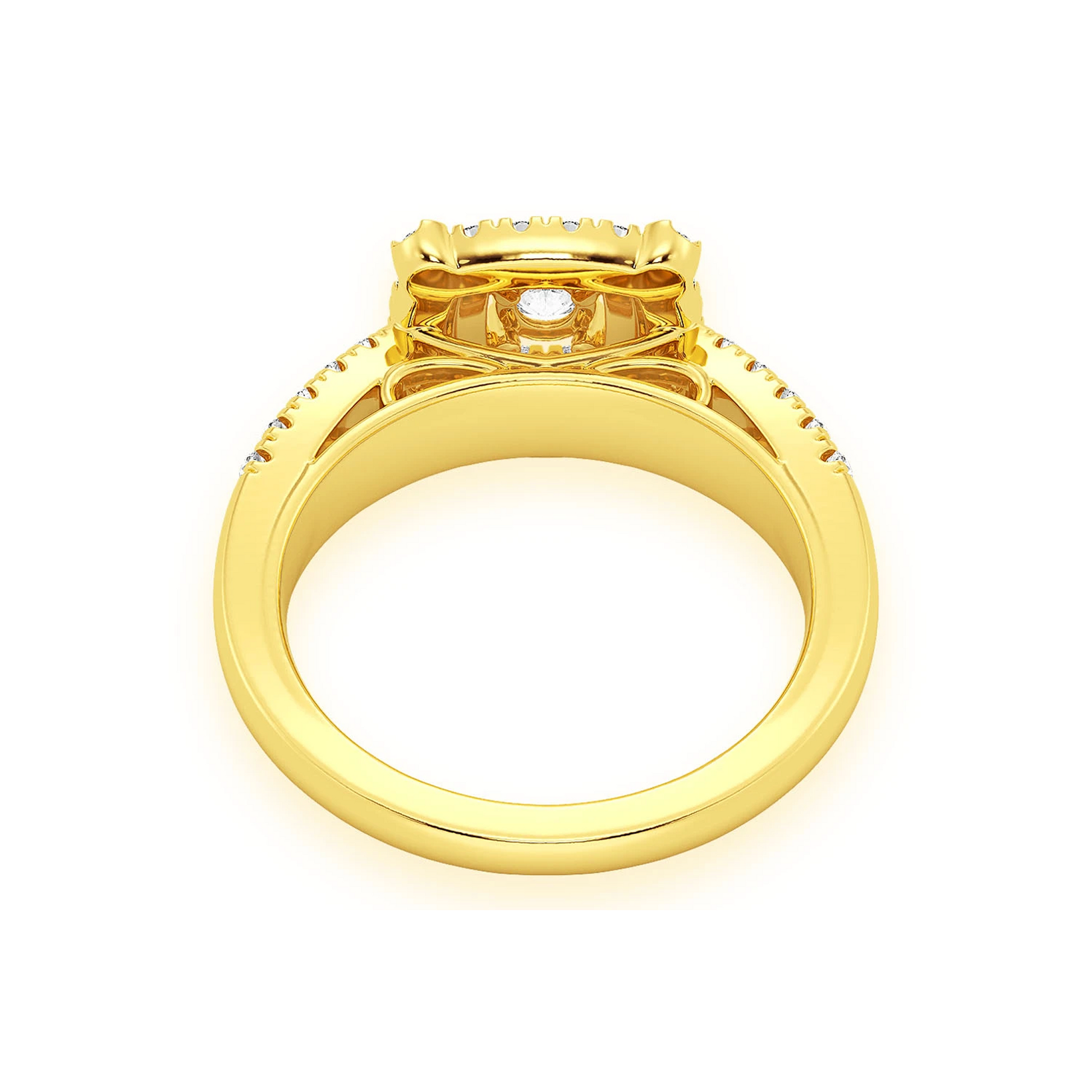 Square Double Halo Diamond Ring in 14K yellow gold, detail view