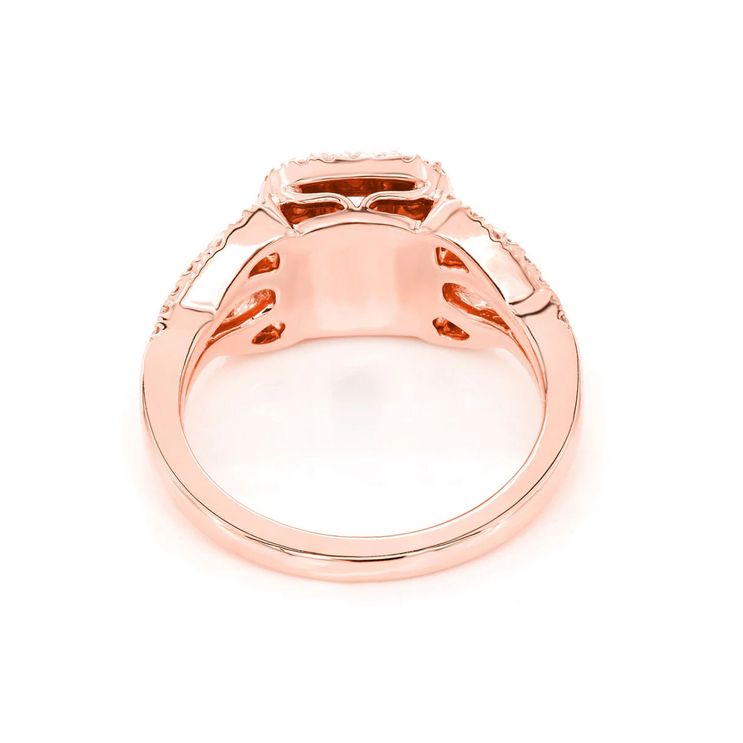Fancy Shank Cushion Double Halo Ring in 14K rose gold, detail view