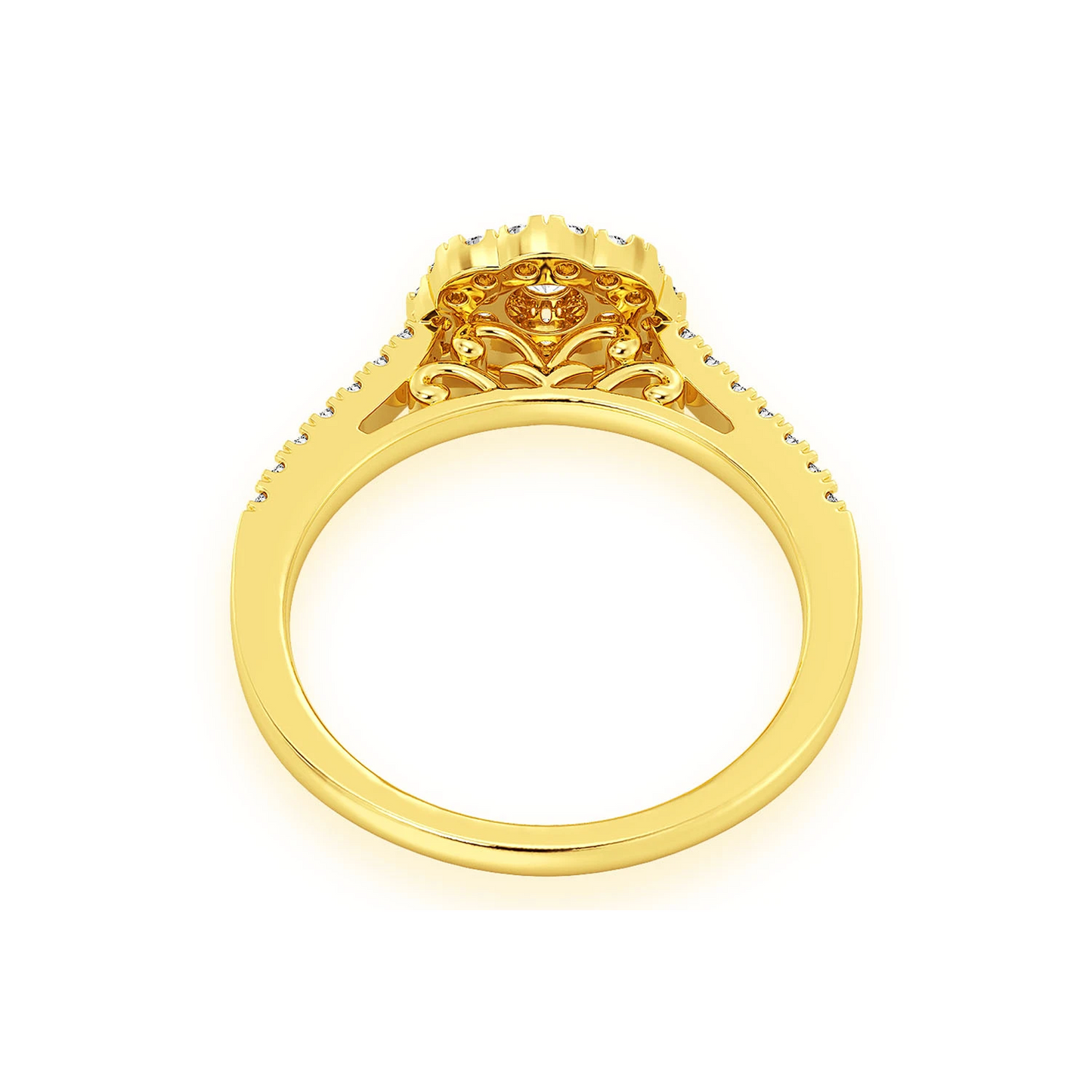 Single Band Floral Diamond Engagement Ring in 14K yellow gold, detail view
