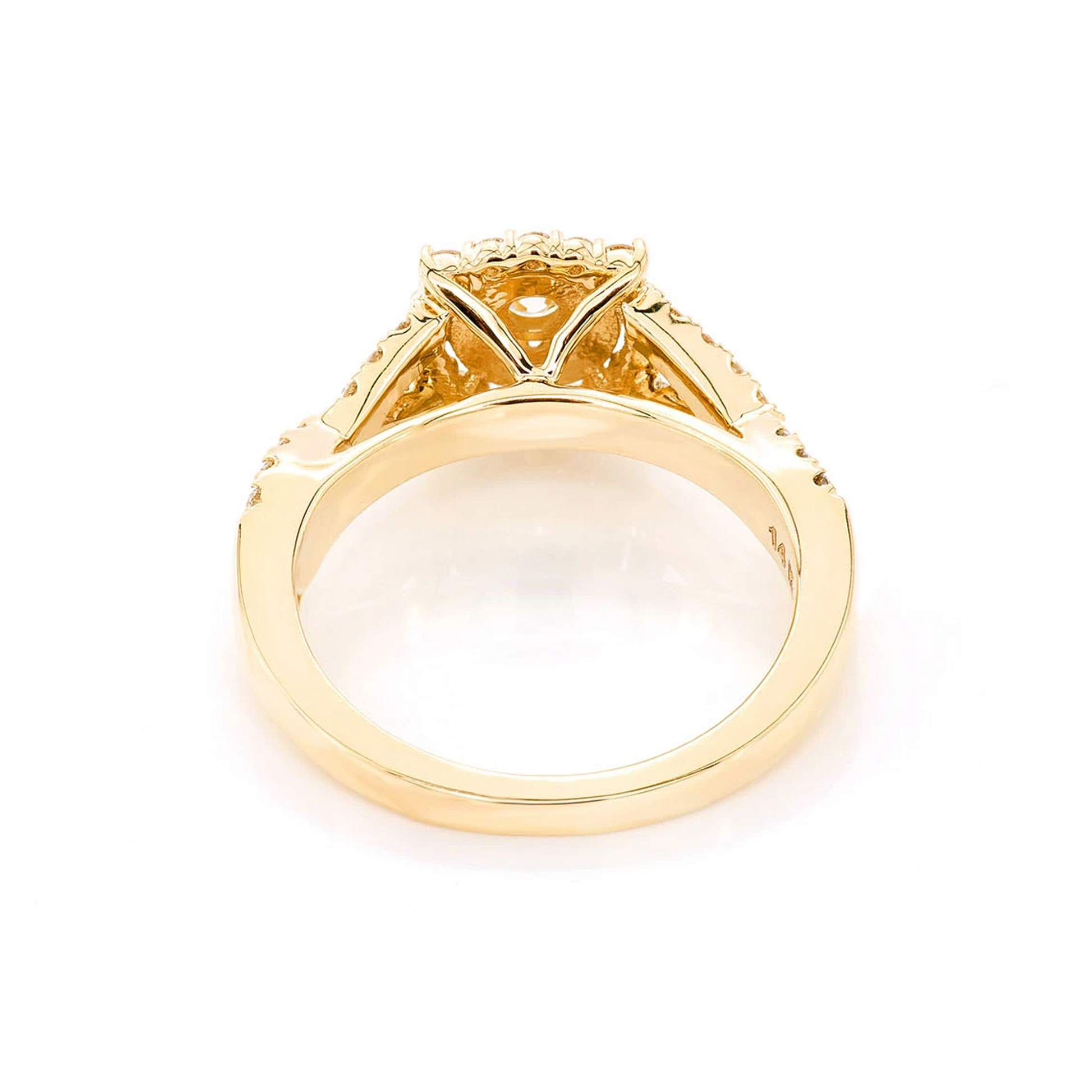 Split Shank Unique Halo Diamond Engagement Ring in 14K yellow gold, detail view