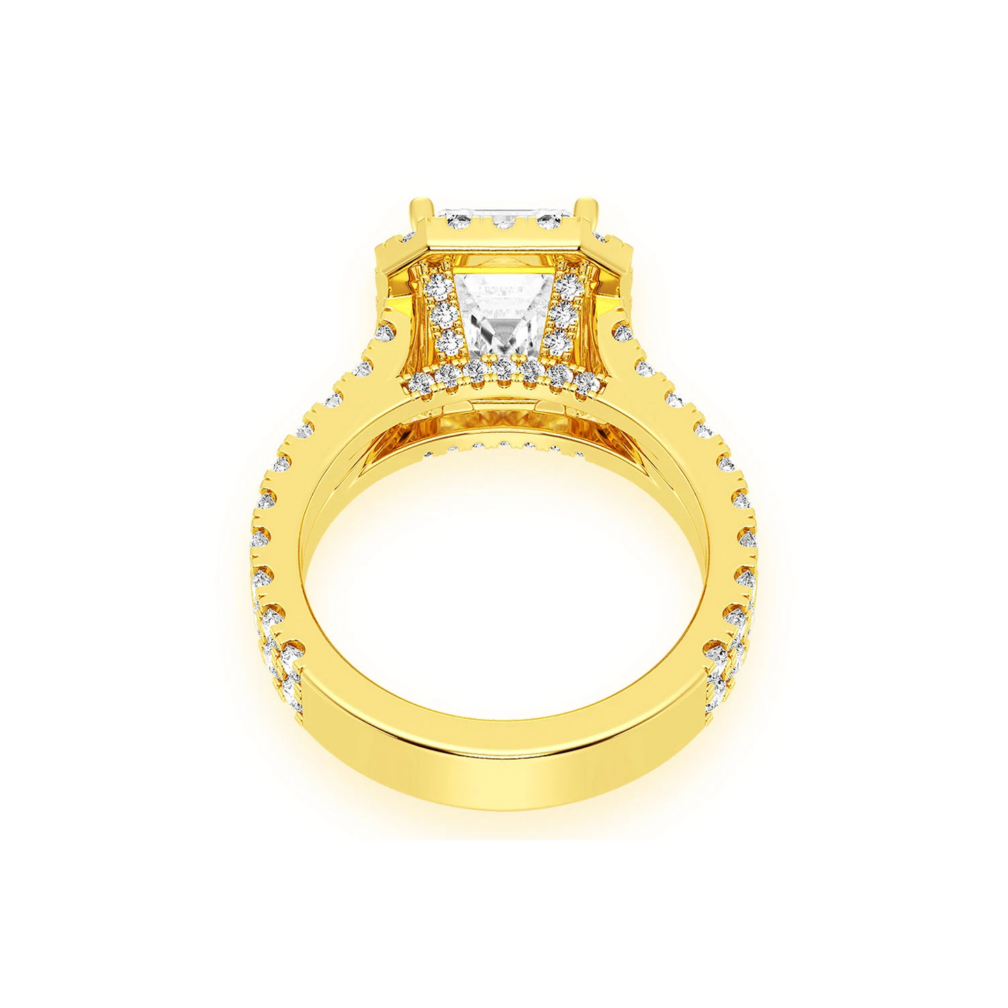 3ct Emerald Cut Split Shank Halo Diamond Engagement Ring in 14K yellow gold, alternate view