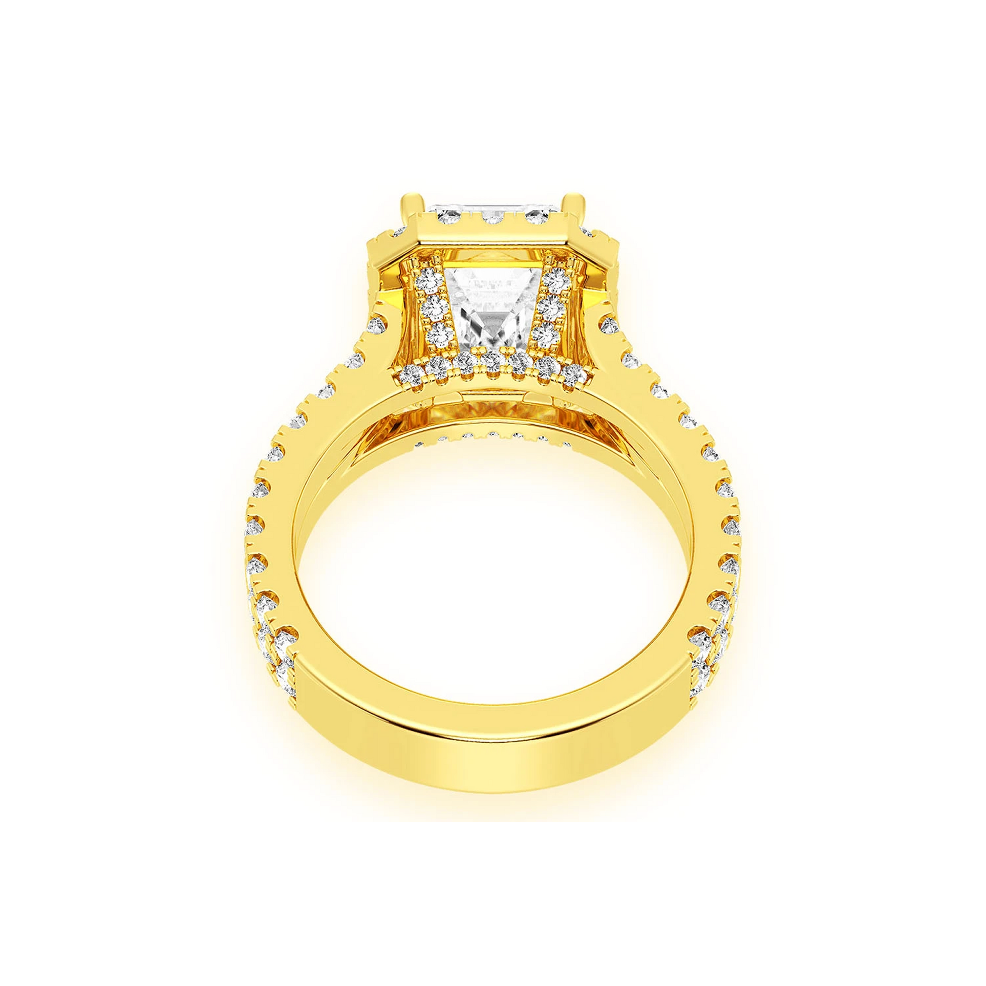 3ct Emerald Cut Split Shank Halo Diamond Engagement Ring in 14K yellow gold, alternate view