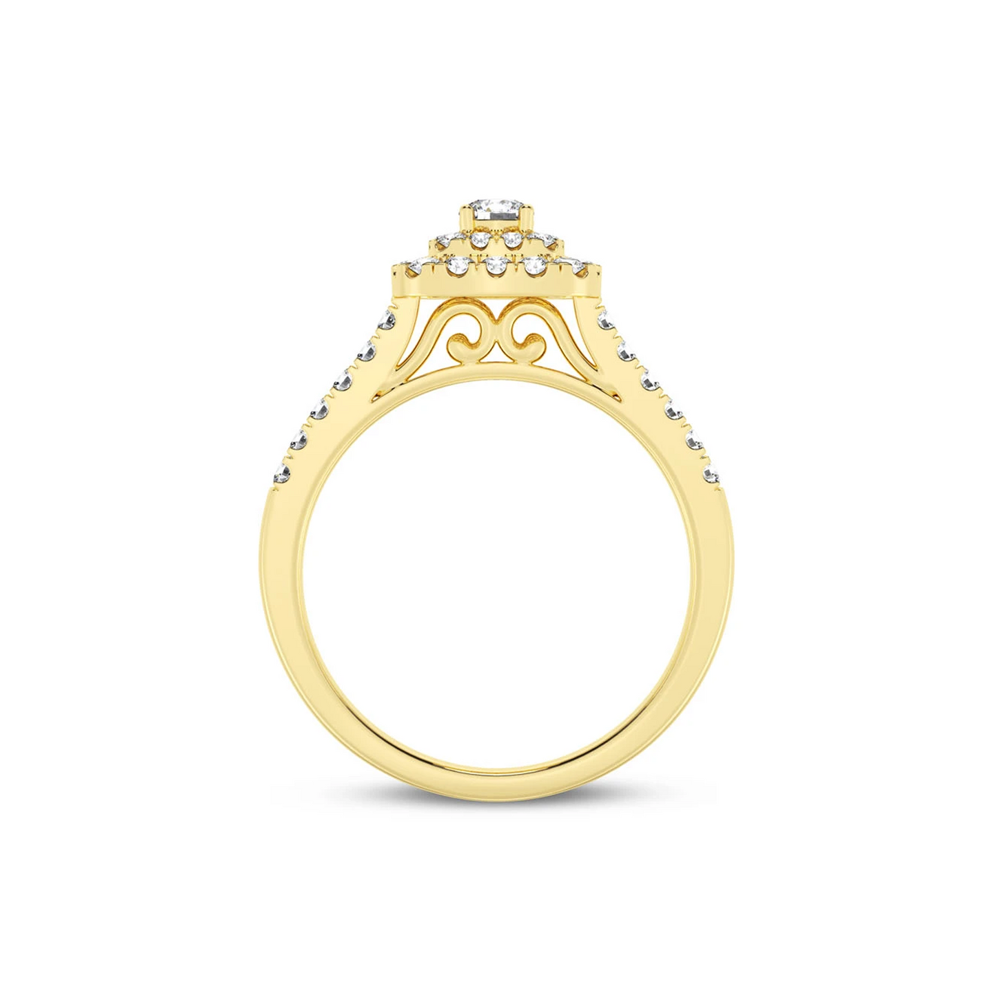 Three Layer Square Halo Engagement Ring in 14K yellow gold, detail view