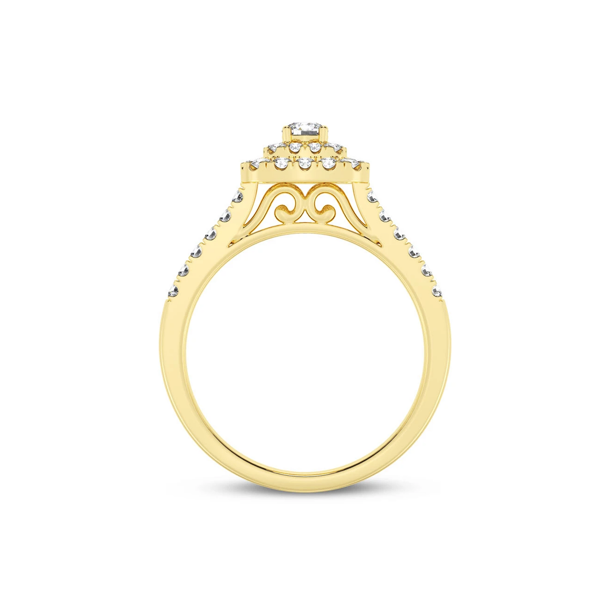 Three Layer Square Halo Engagement Ring in 14K yellow gold, detail view
