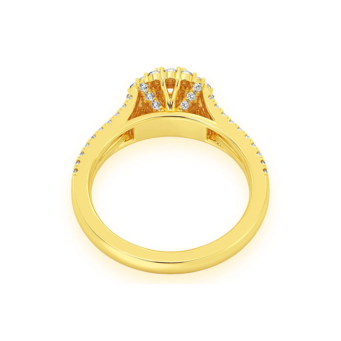 Split Shank Round Double Halo Ring in 14K yellow gold, detail view