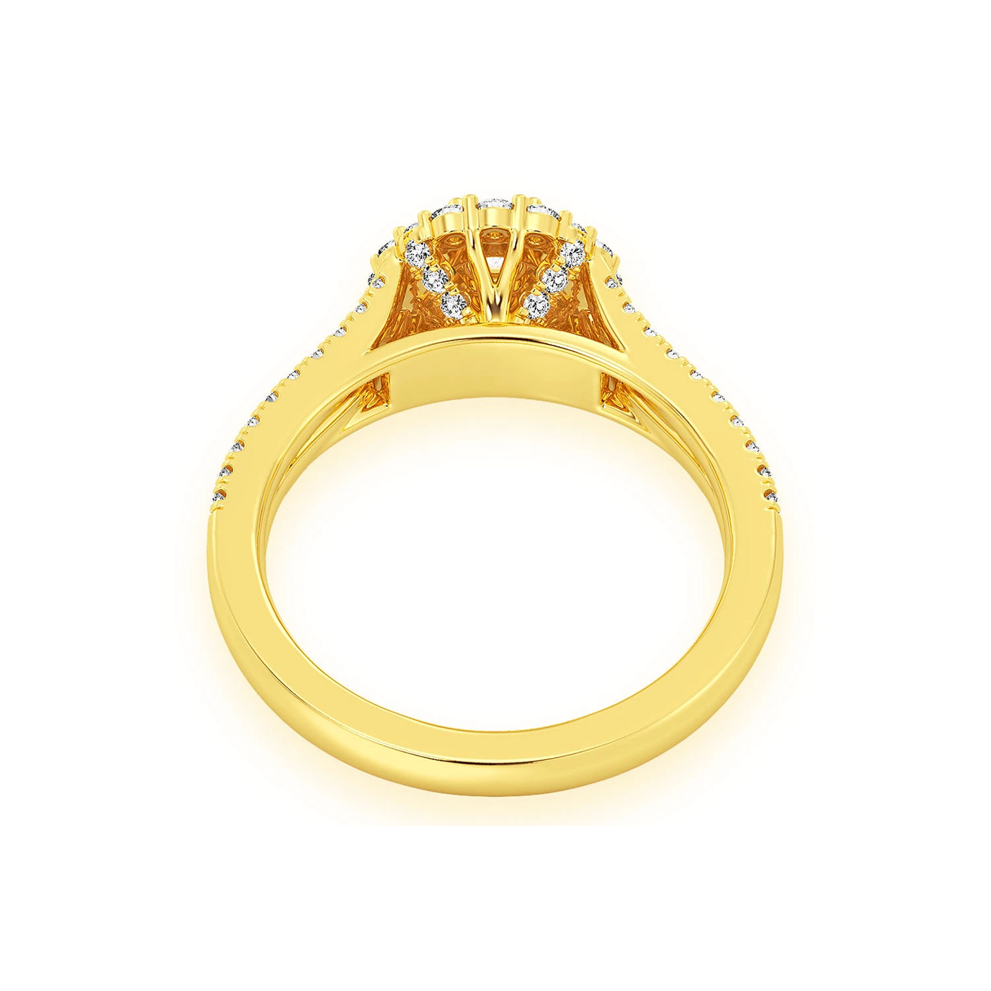 Split Shank Round Double Halo Ring in 14K yellow gold, detail view