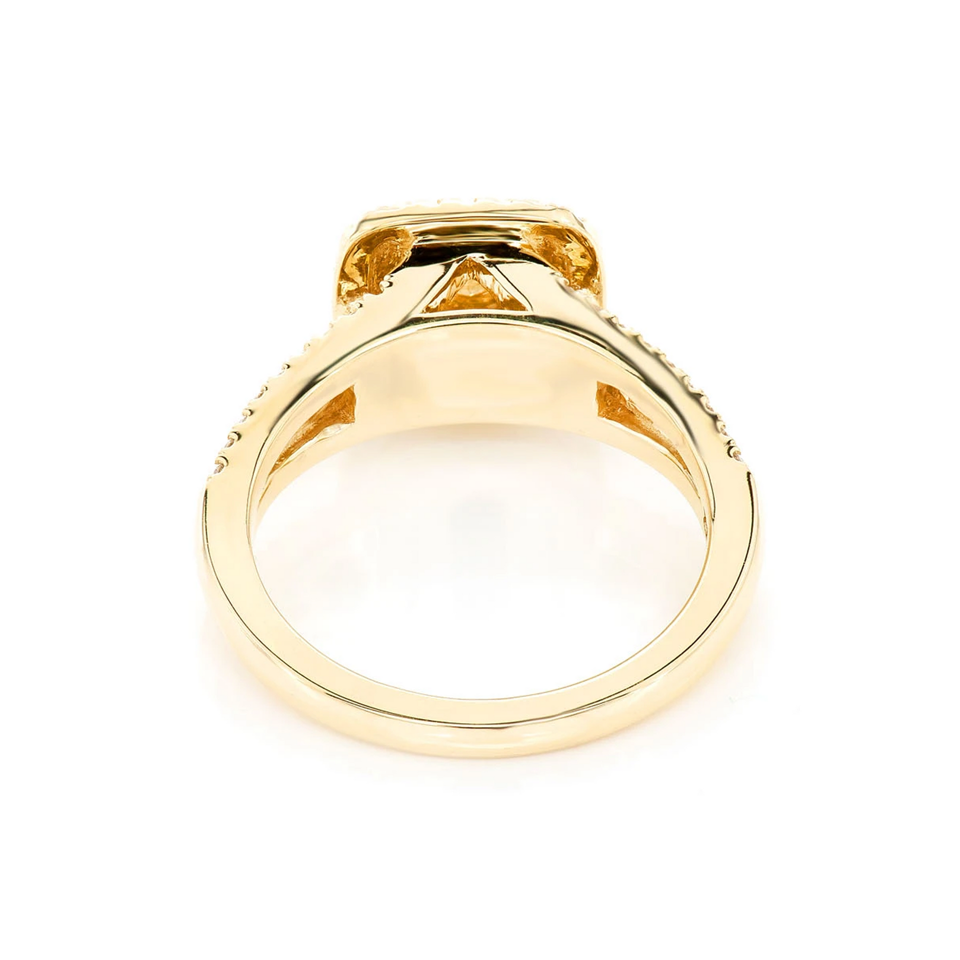 Classic Two Tier Cushion Halo Diamond Ring in 14K yellow gold, detail view