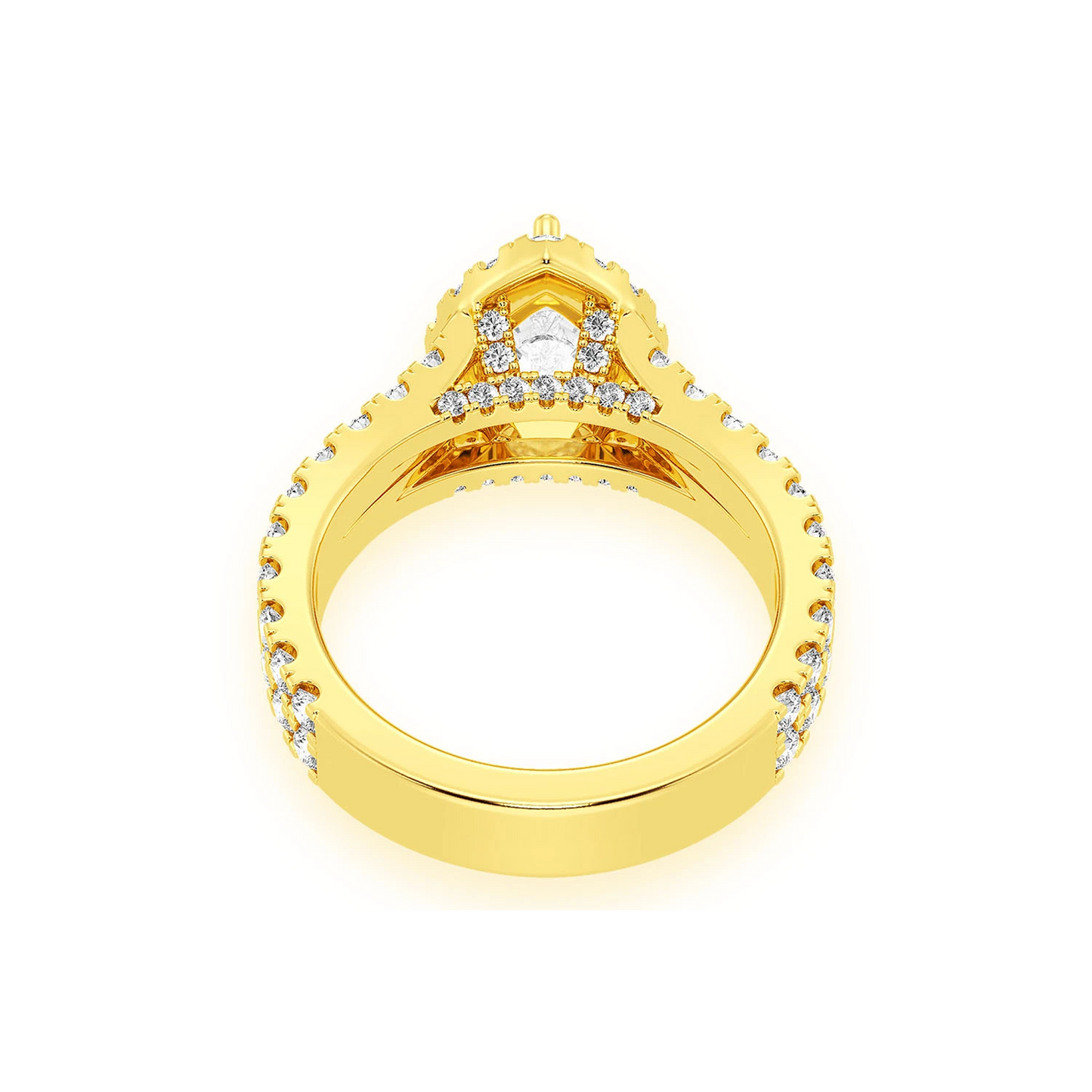 Pear Solitaire Two Row Split Scallop Ring in 14K yellow gold, alternate view