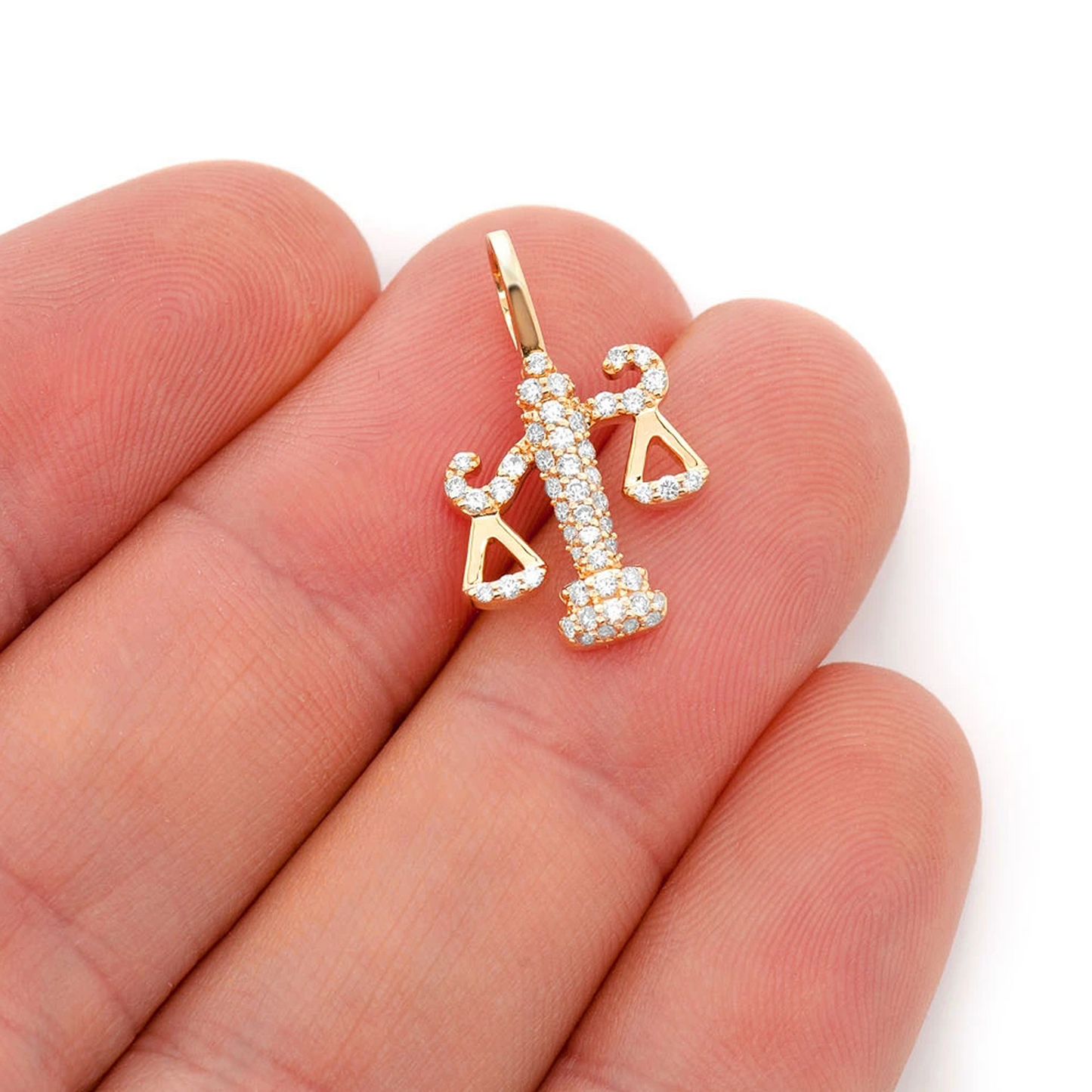 Scales of Justice Diamond Pendant in 14K yellow gold, angled view