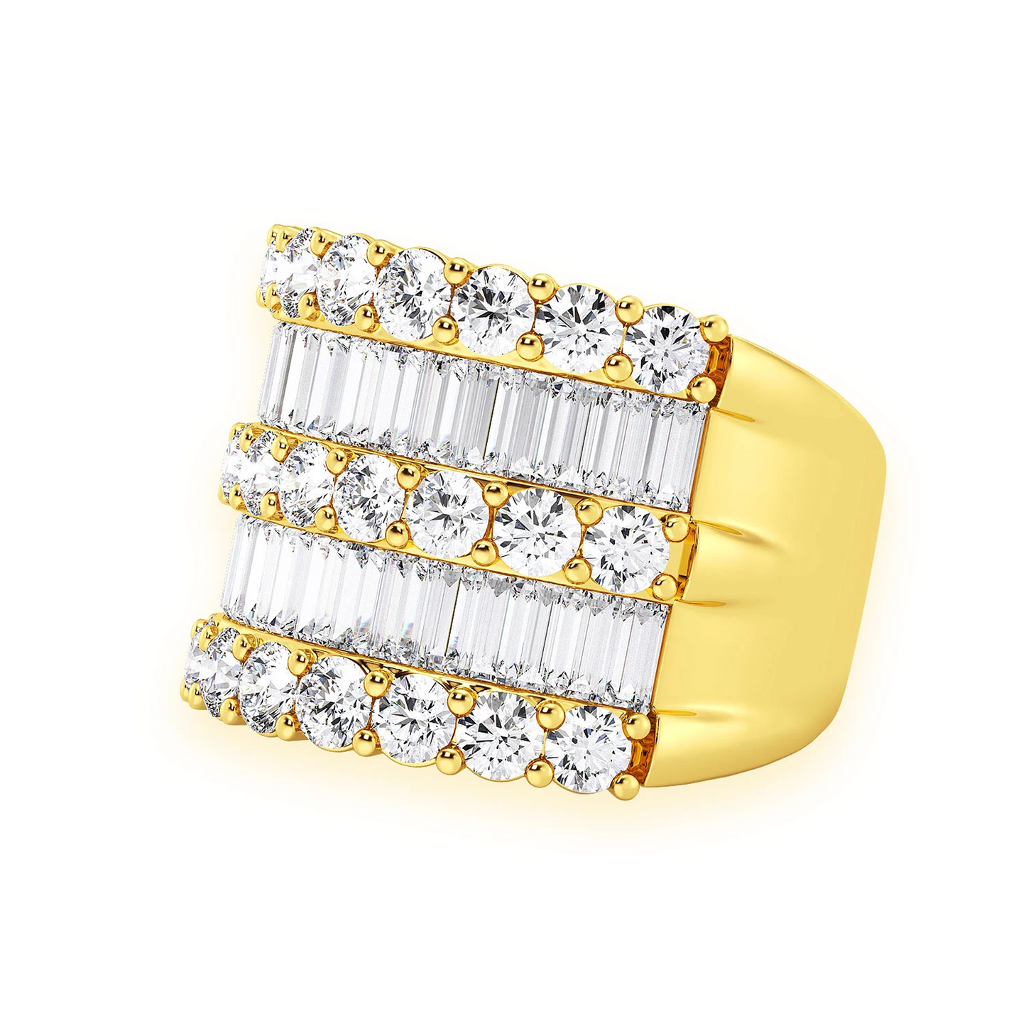 Three Row Round & Baguette Ring in 14K yellow gold, side view 2