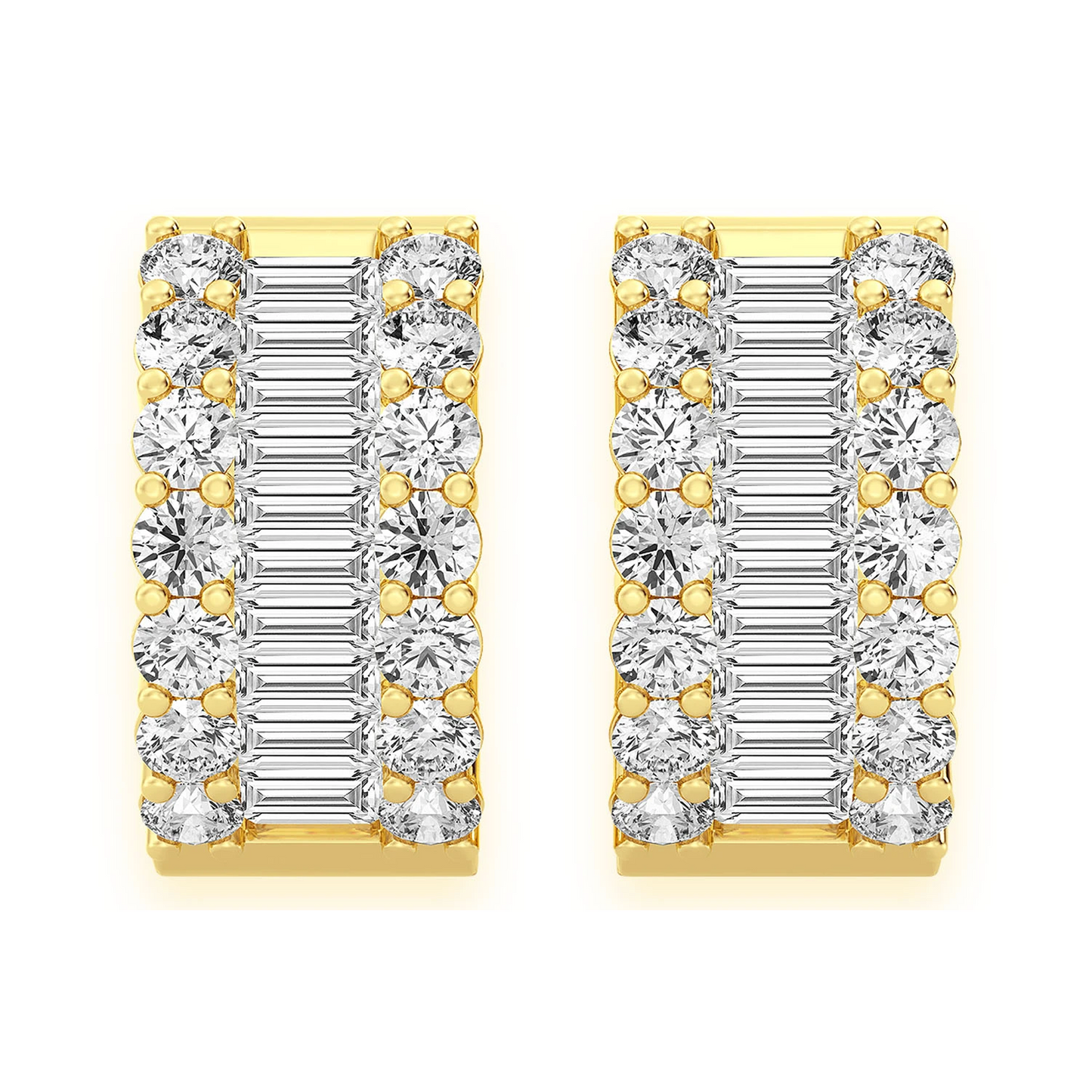Baguette & Round Diamond Hoop Earrings in 14K yellow gold, detail view