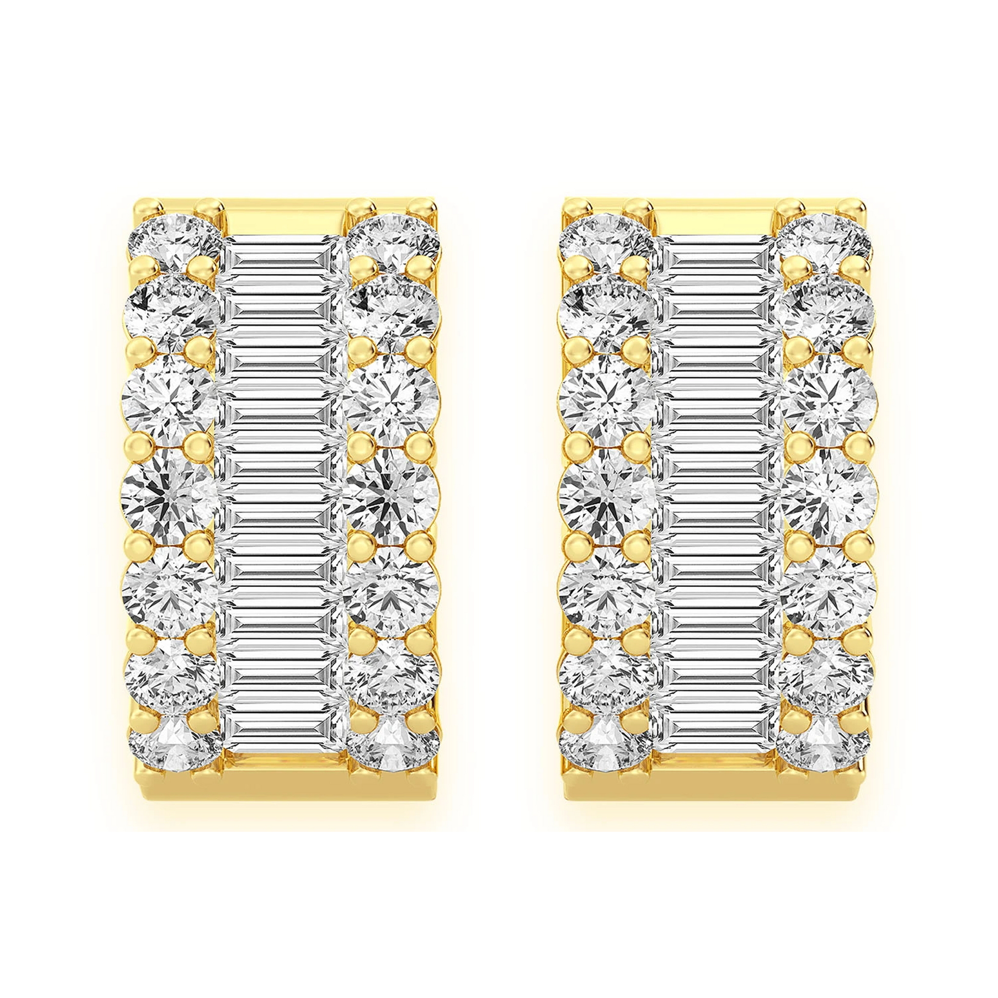 Baguette & Round Diamond Hoop Earrings in 14K yellow gold, detail view