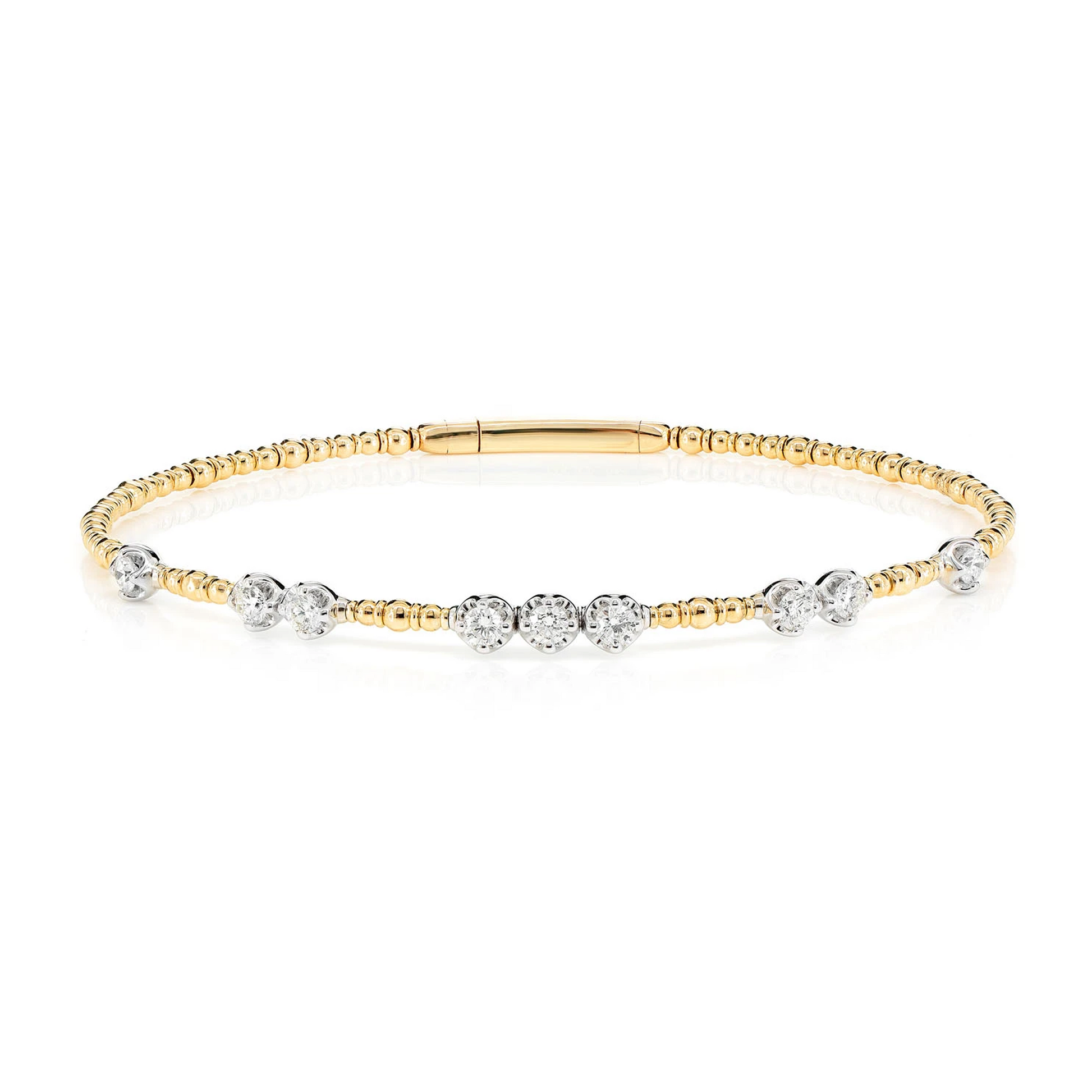 Graduated Beaded Diamond Flex Bangle Bracelet in 14K yellow gold, front view