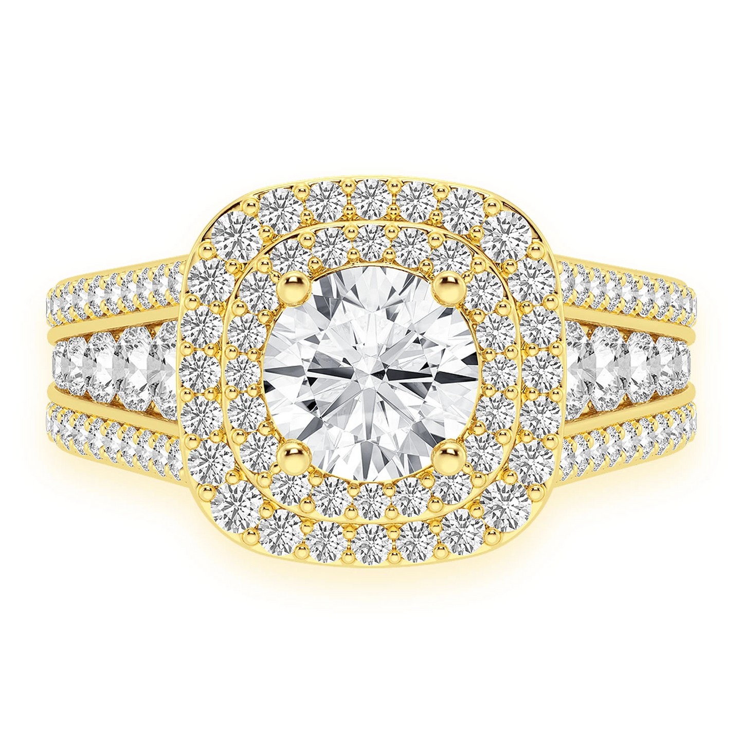 Fancy Three Row Double Halo Diamond Ring in 14K yellow gold, front view