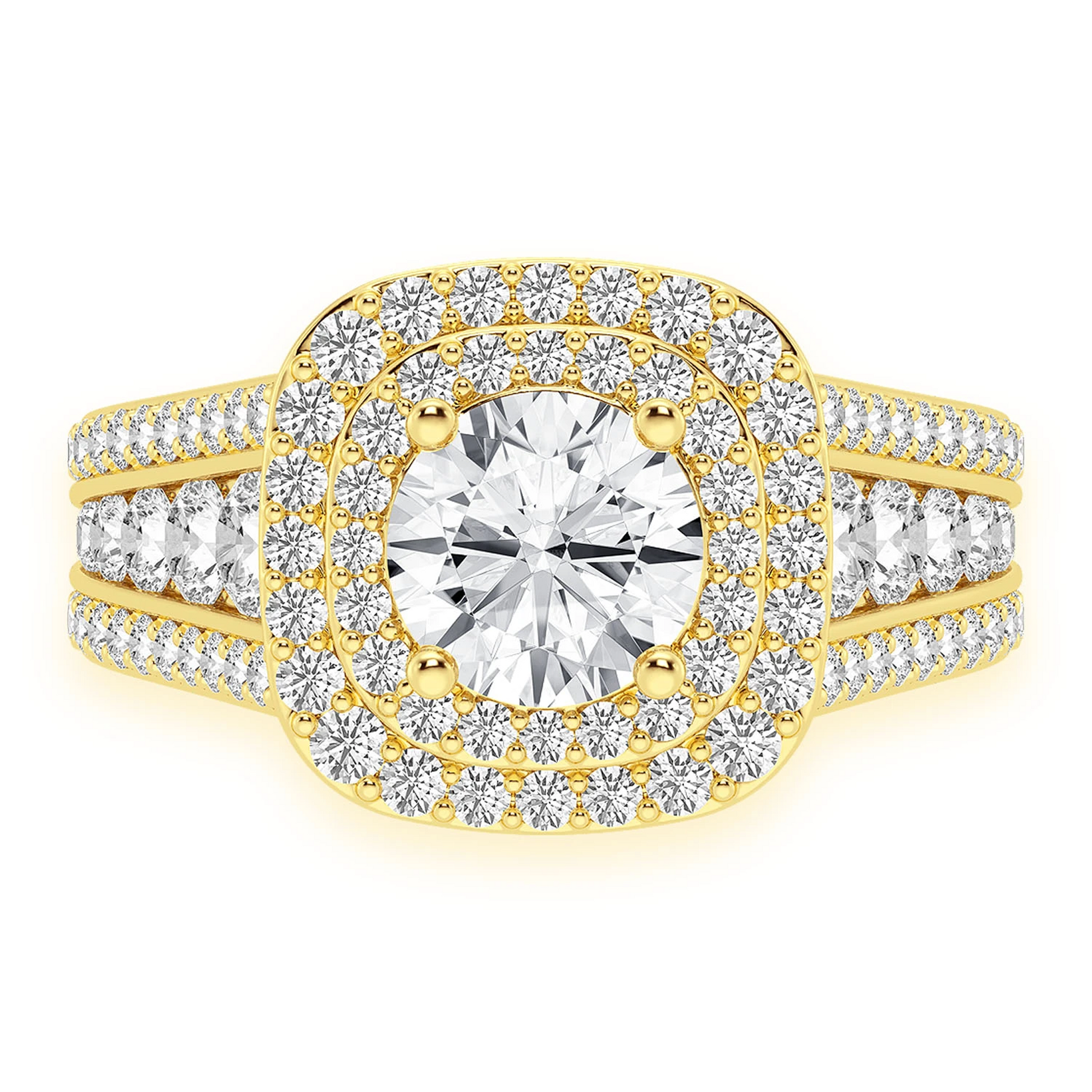Fancy Three Row Double Halo Diamond Ring in 14K yellow gold, front view