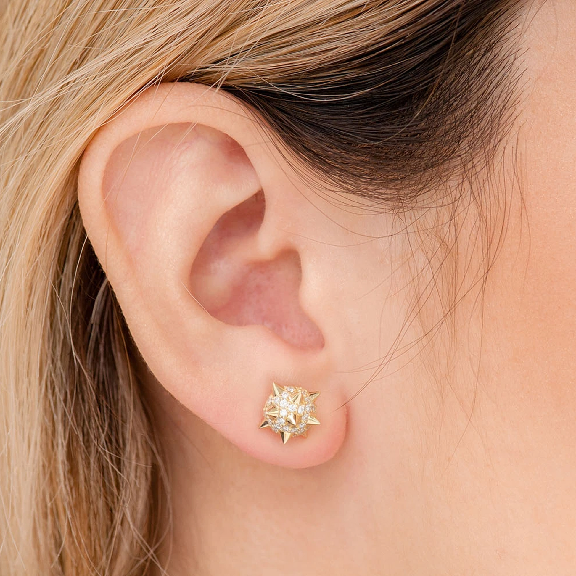 Spike Ball Diamond Stud Earrings in 14K yellow gold, angled view