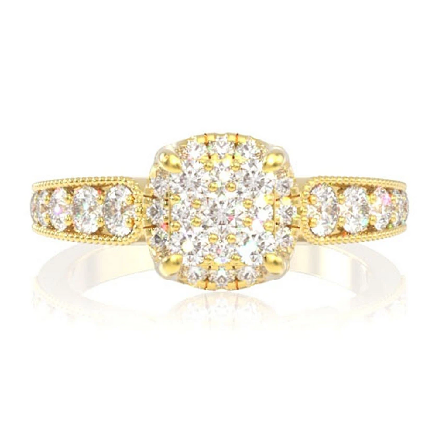 Antique Square Cluster Halo Diamond Ring in 14K yellow gold, front view