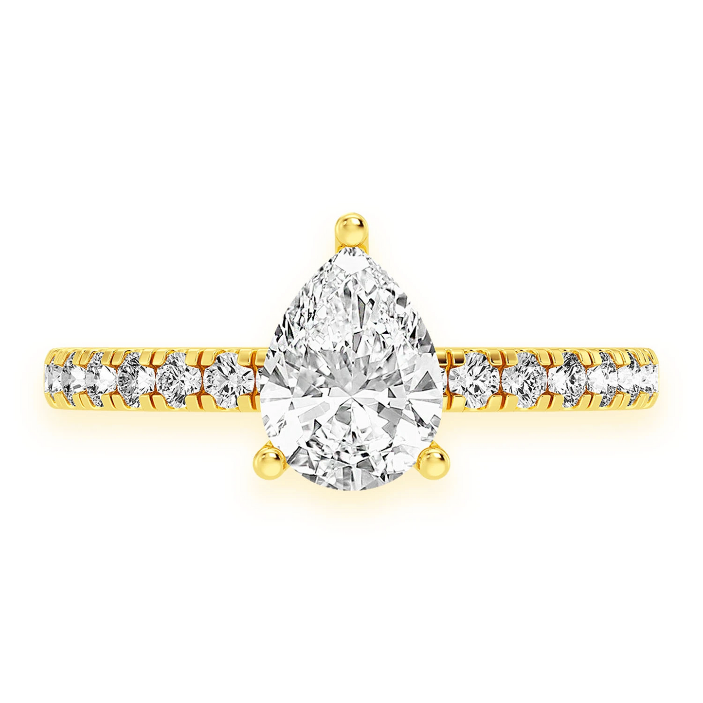Pear Solitaire One Row Under Halo Ring in 14K yellow gold, front view