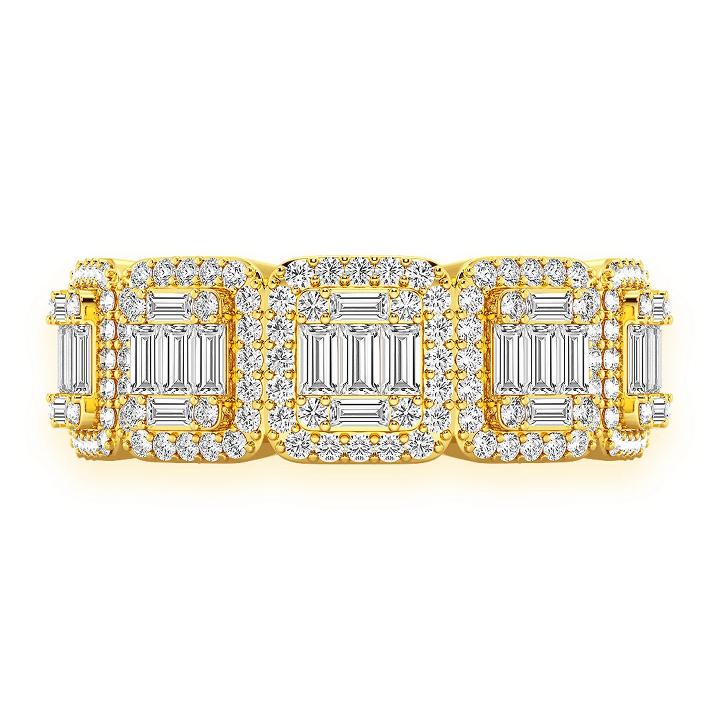 Baguette & Round Diamond Band Ring in 14K yellow gold, front view