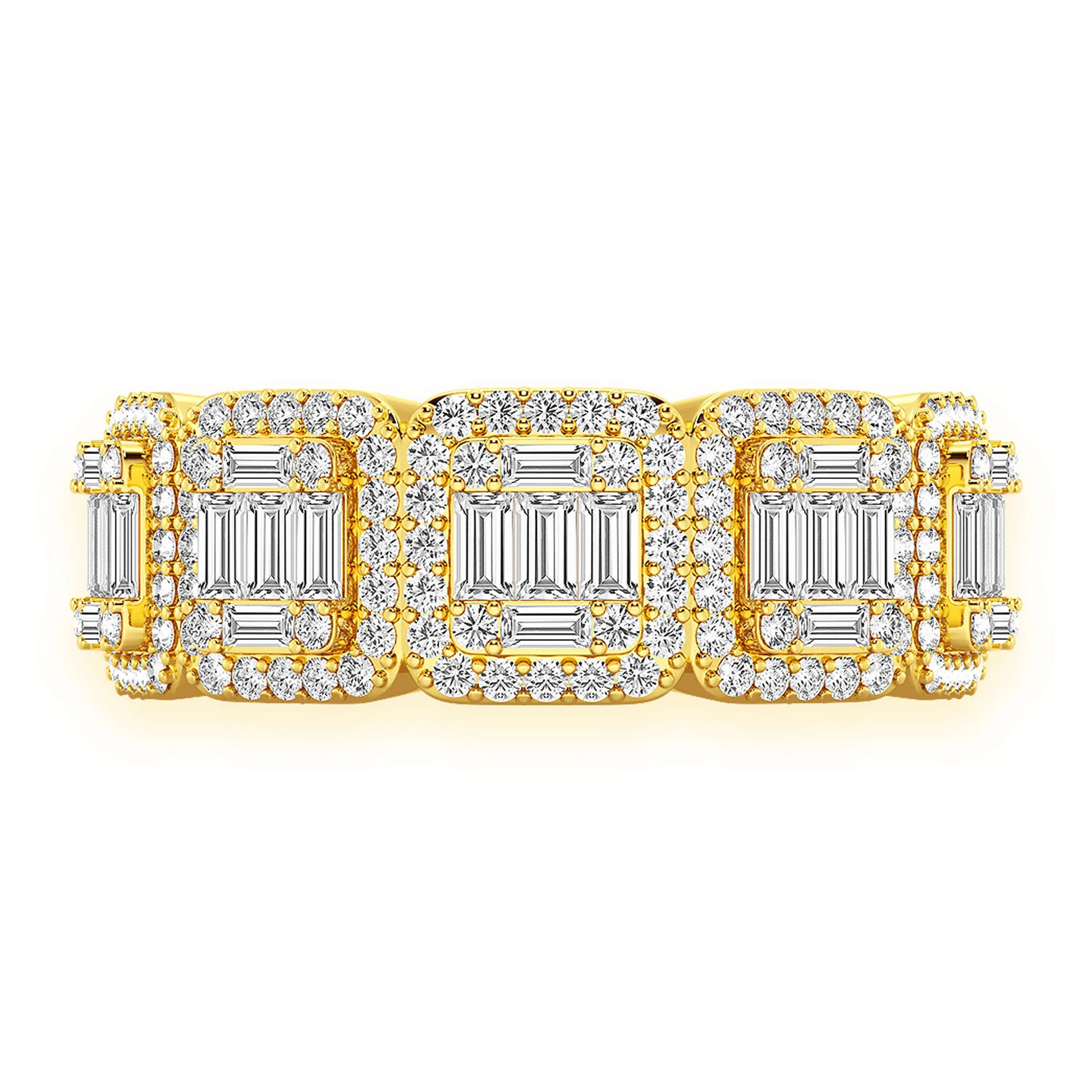Baguette & Round Diamond Band Ring in 14K yellow gold, front view