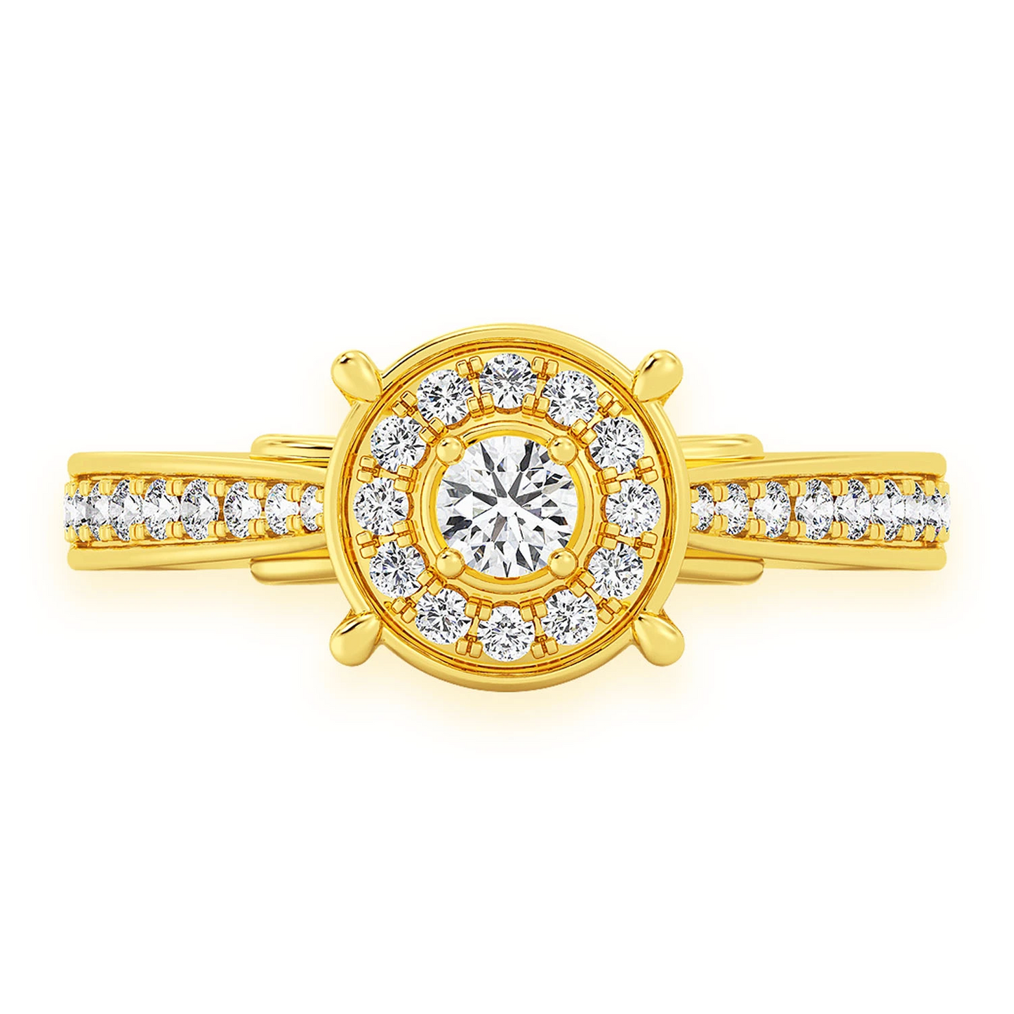 Round Halo Diamond Engagement Ring in 14K yellow gold, front view