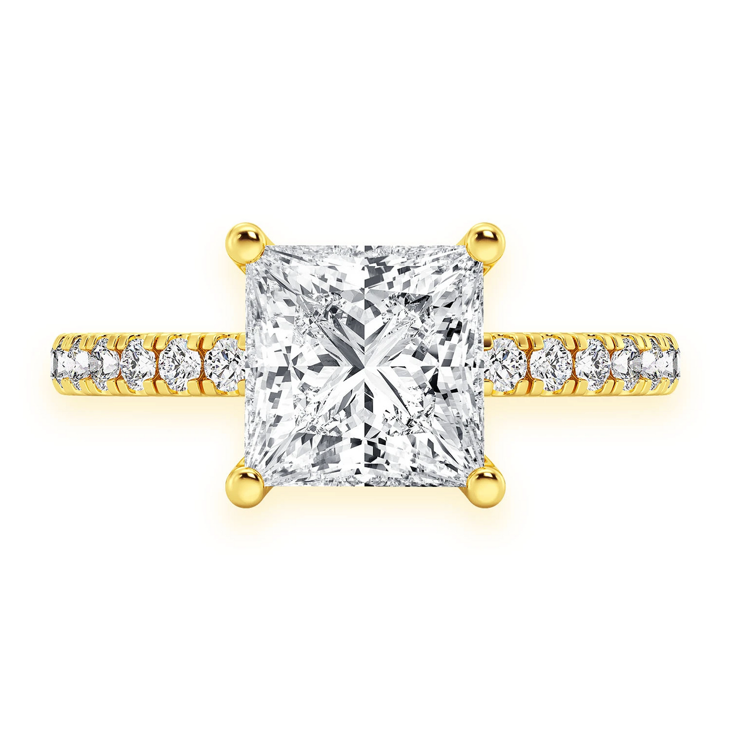 Princess Cut One Row Under Halo Ring in 14K yellow gold, front view