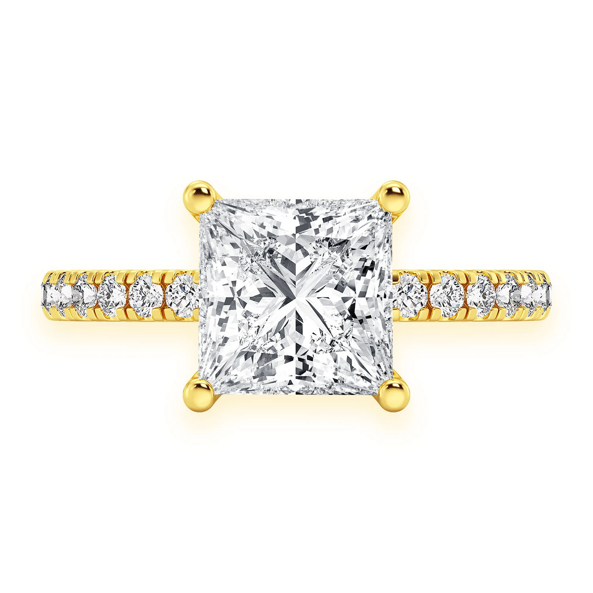 Princess Cut One Row Under Halo Ring in 14K yellow gold, front view