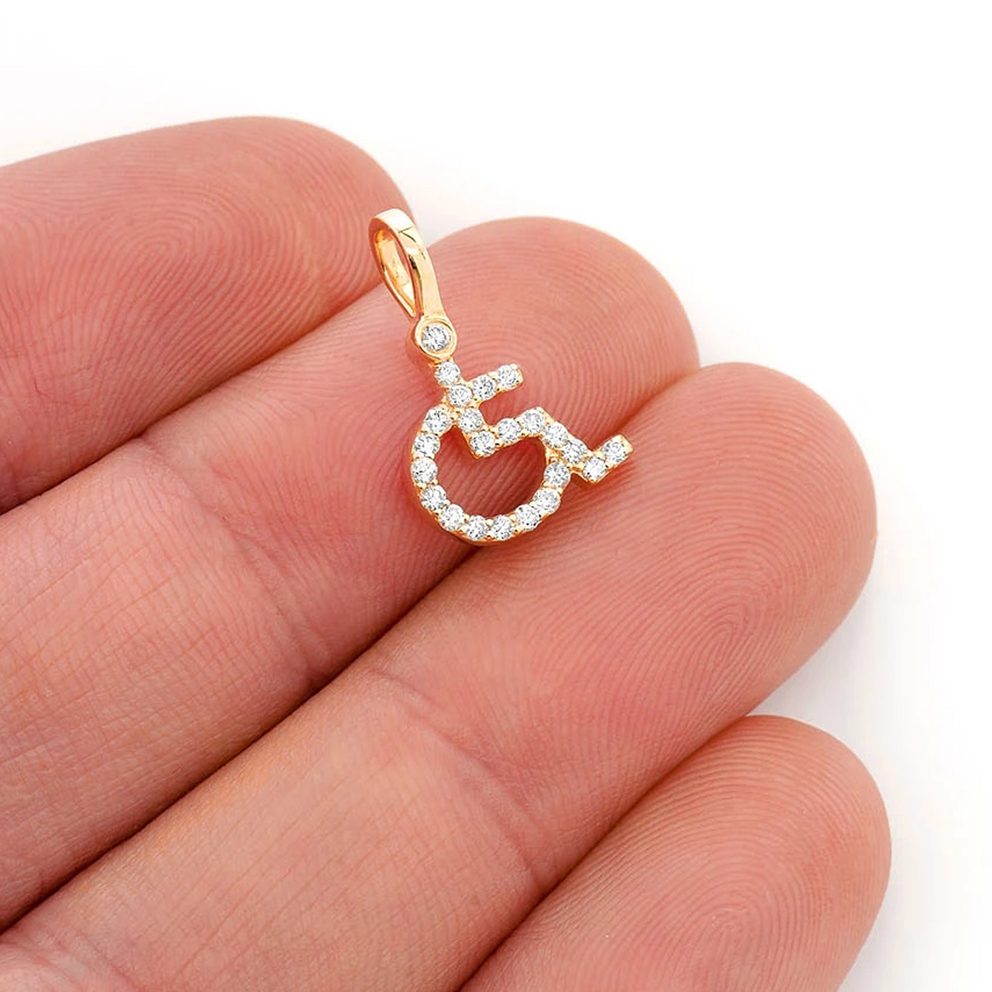 Wheelchair Diamond Pendant in 14K yellow gold, Signature | 0.20ctw, angled view