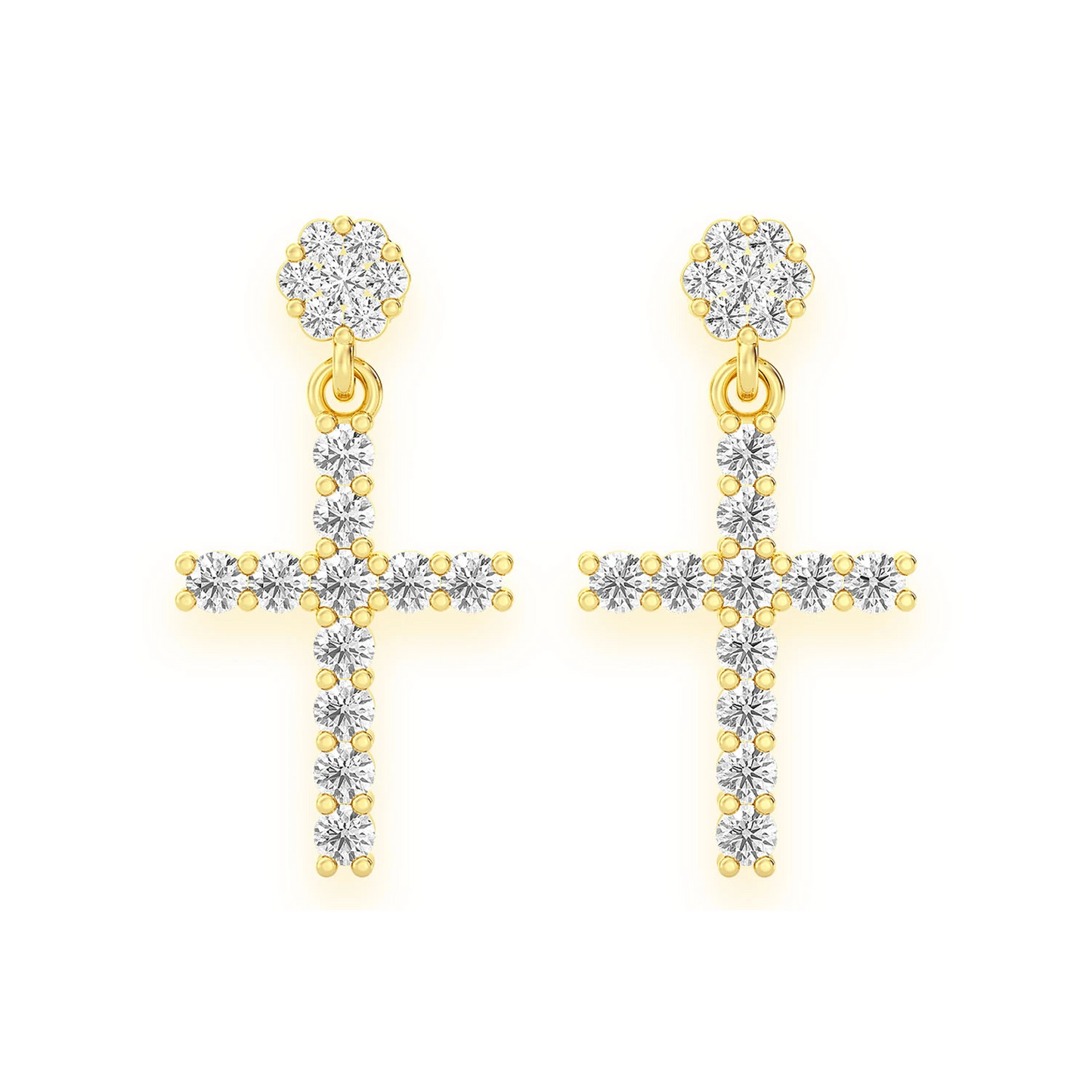 Cross Diamond Stud Drops in 14K yellow gold, front view