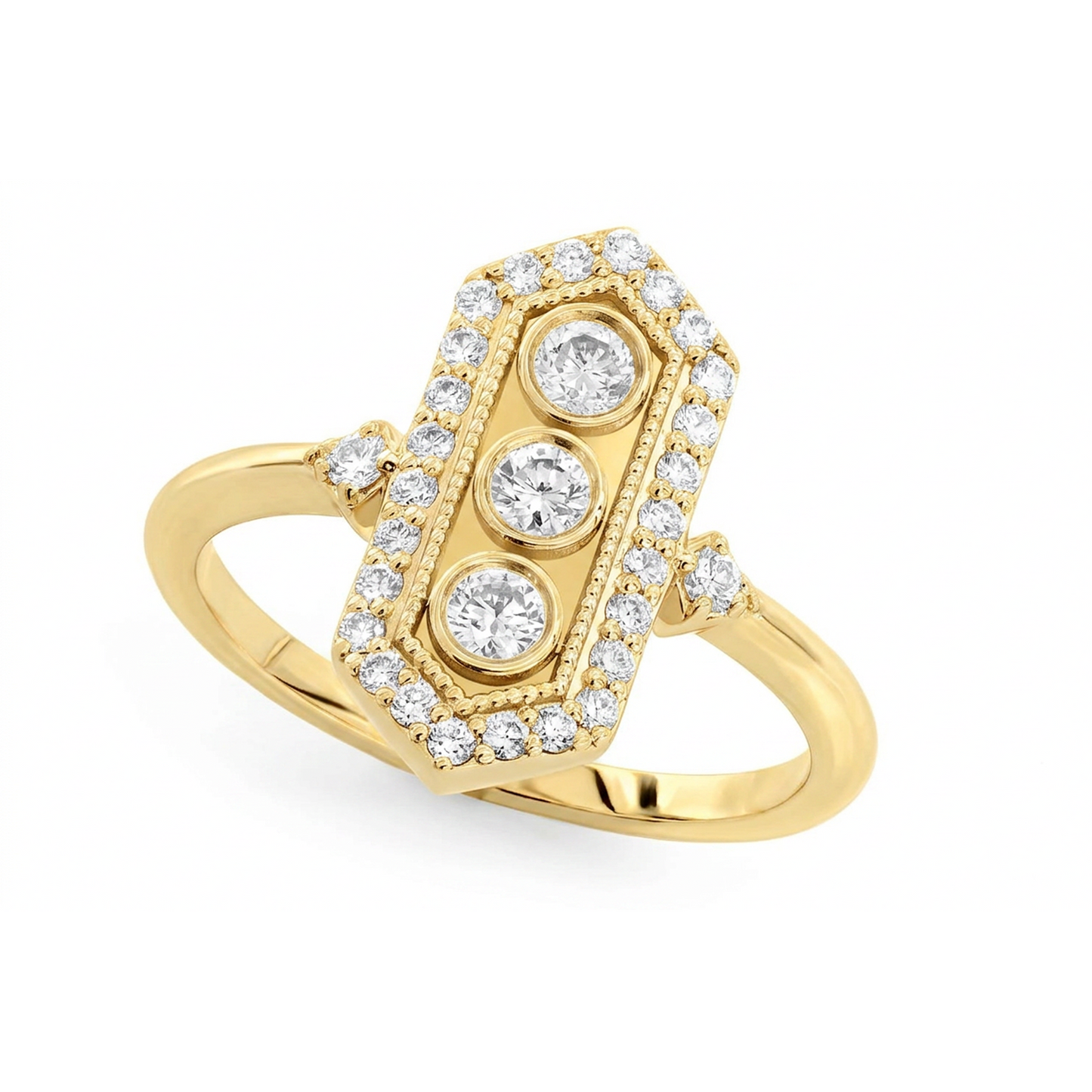 Three Bezel Milgrain Diamond Ring in 14K yellow gold, front view