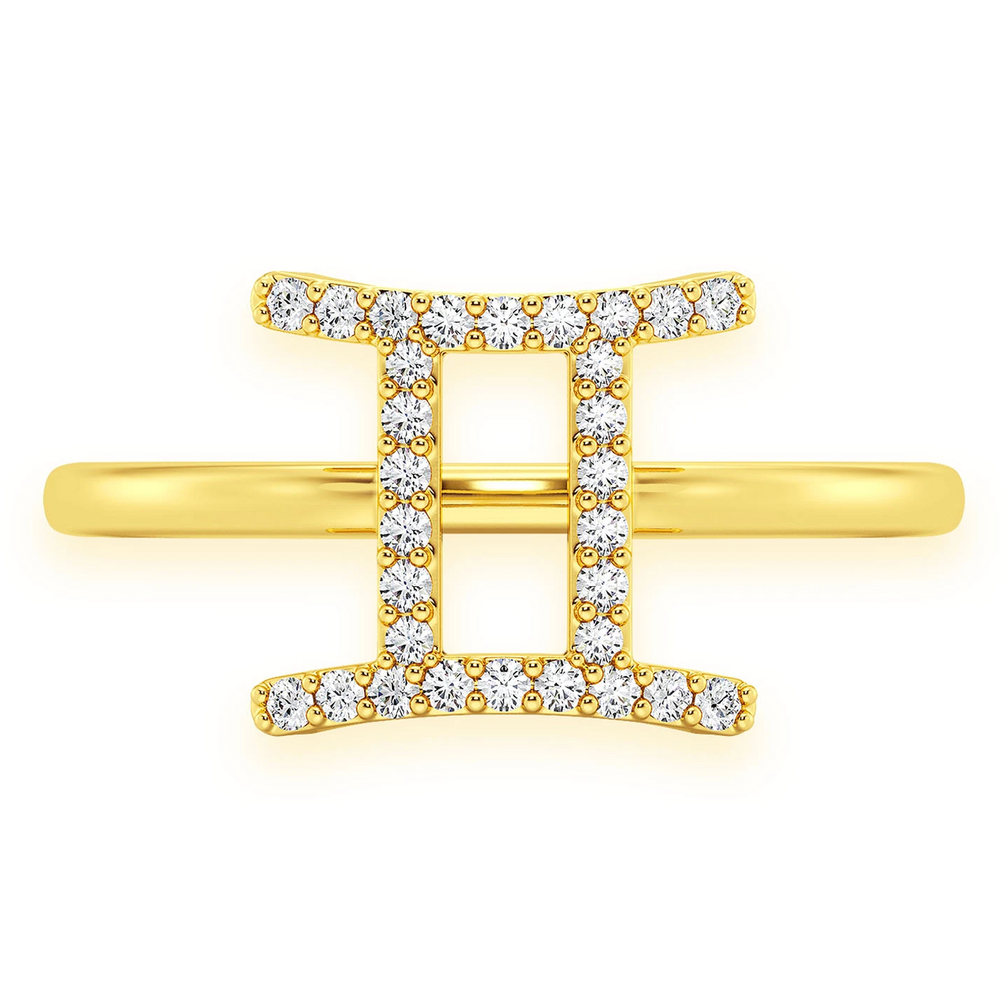 Zodiac Diamond Ring in 14K yellow gold, Gemini design, front view