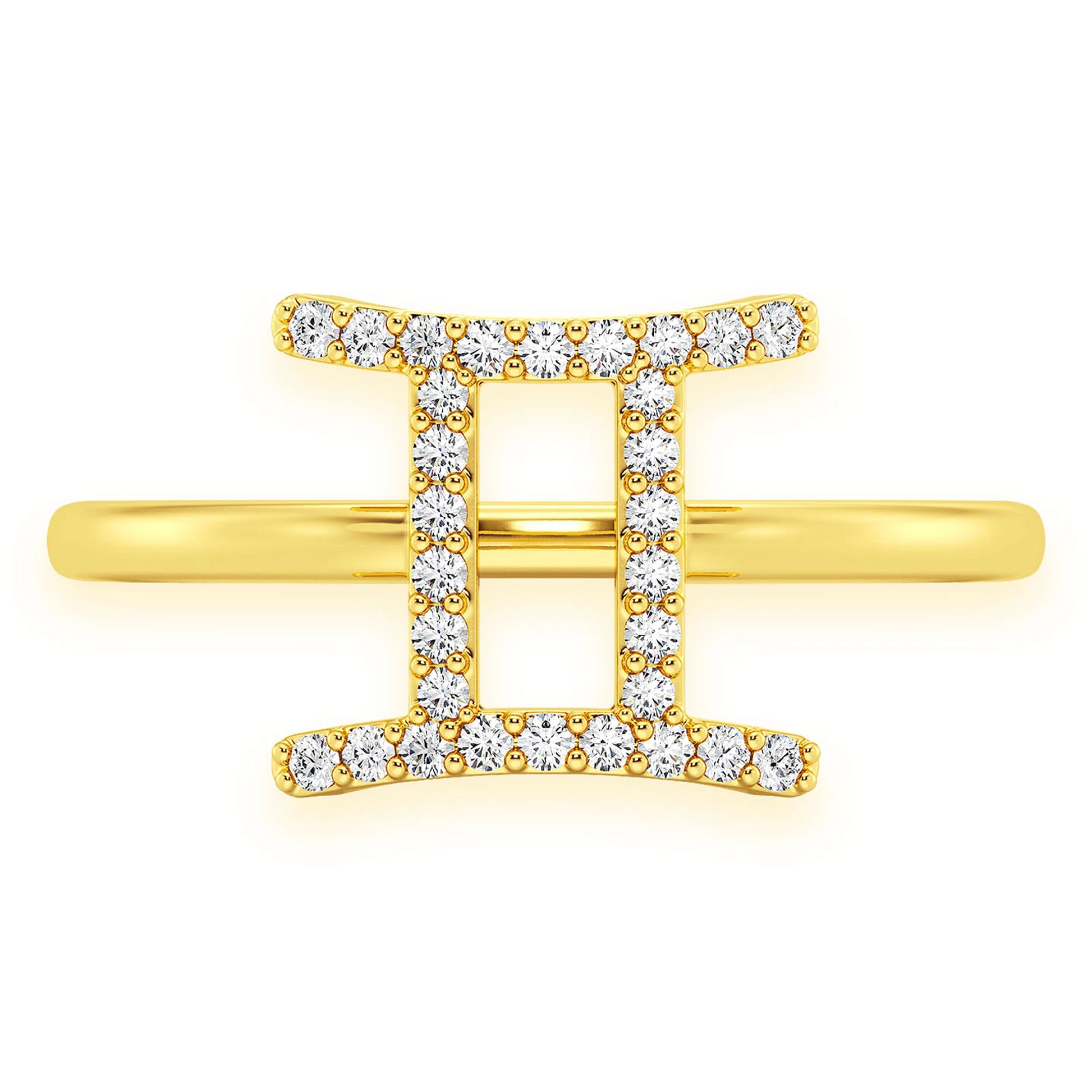 Zodiac Diamond Ring in 14K yellow gold, Gemini design, front view