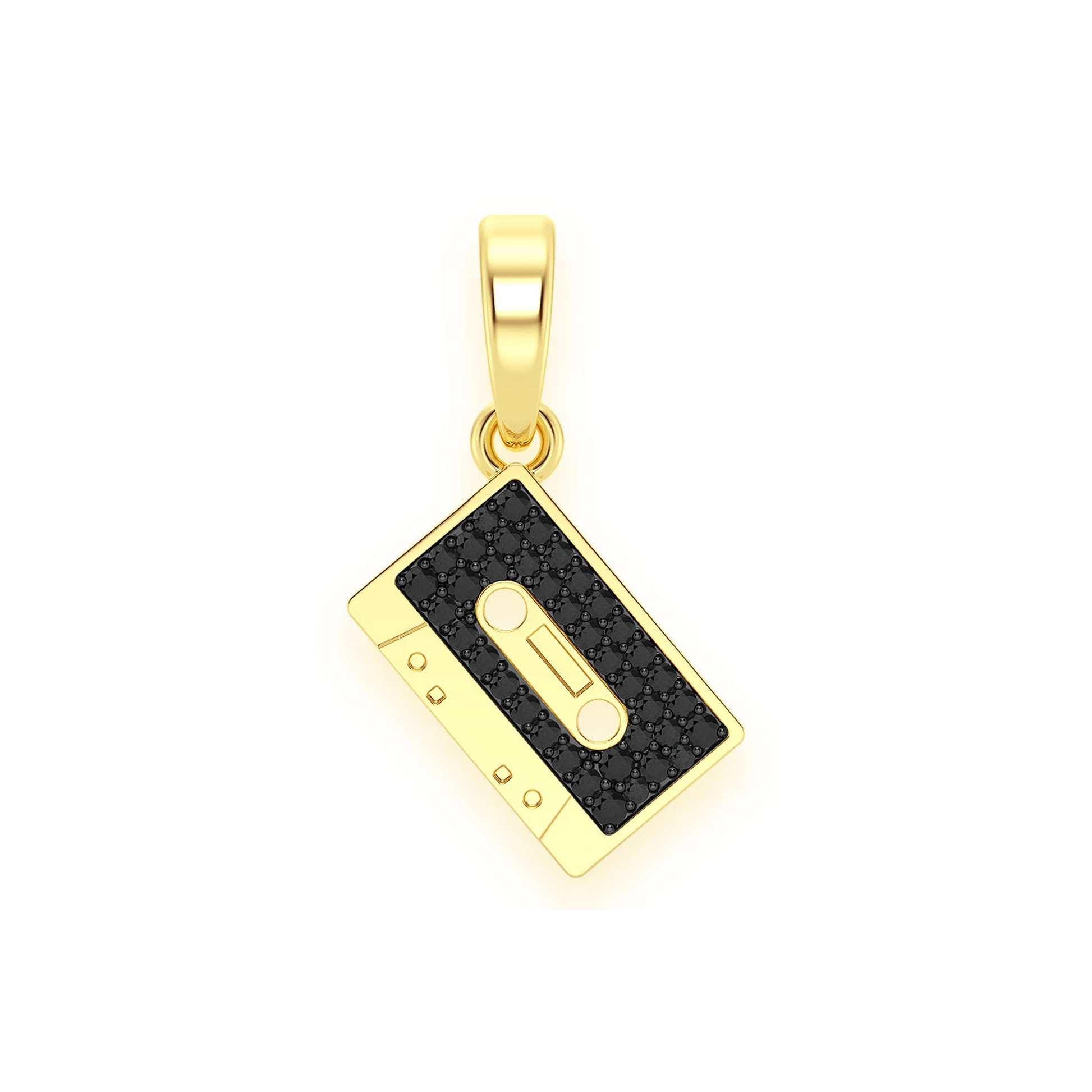 Music Cassette Diamond Pendant in 14K yellow gold, Black, front view
