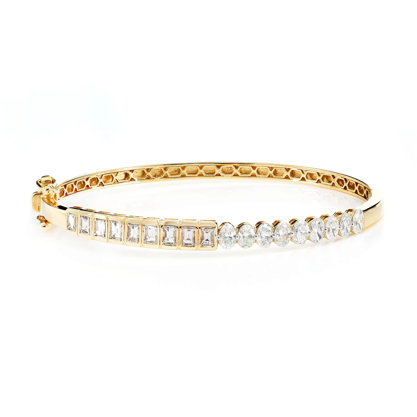 Bezel Baguette & Oval Diamond Bangle Bracelet in 14K yellow gold, front view