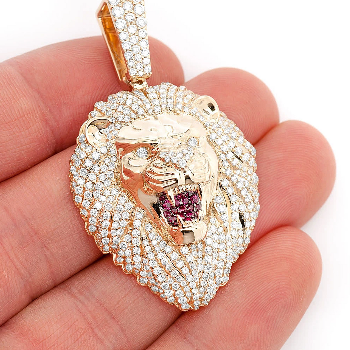 Roaring Lion Diamond Pendant in 14K yellow gold, Signature | Ruby Set Mouth | 3.20ctw, angled view