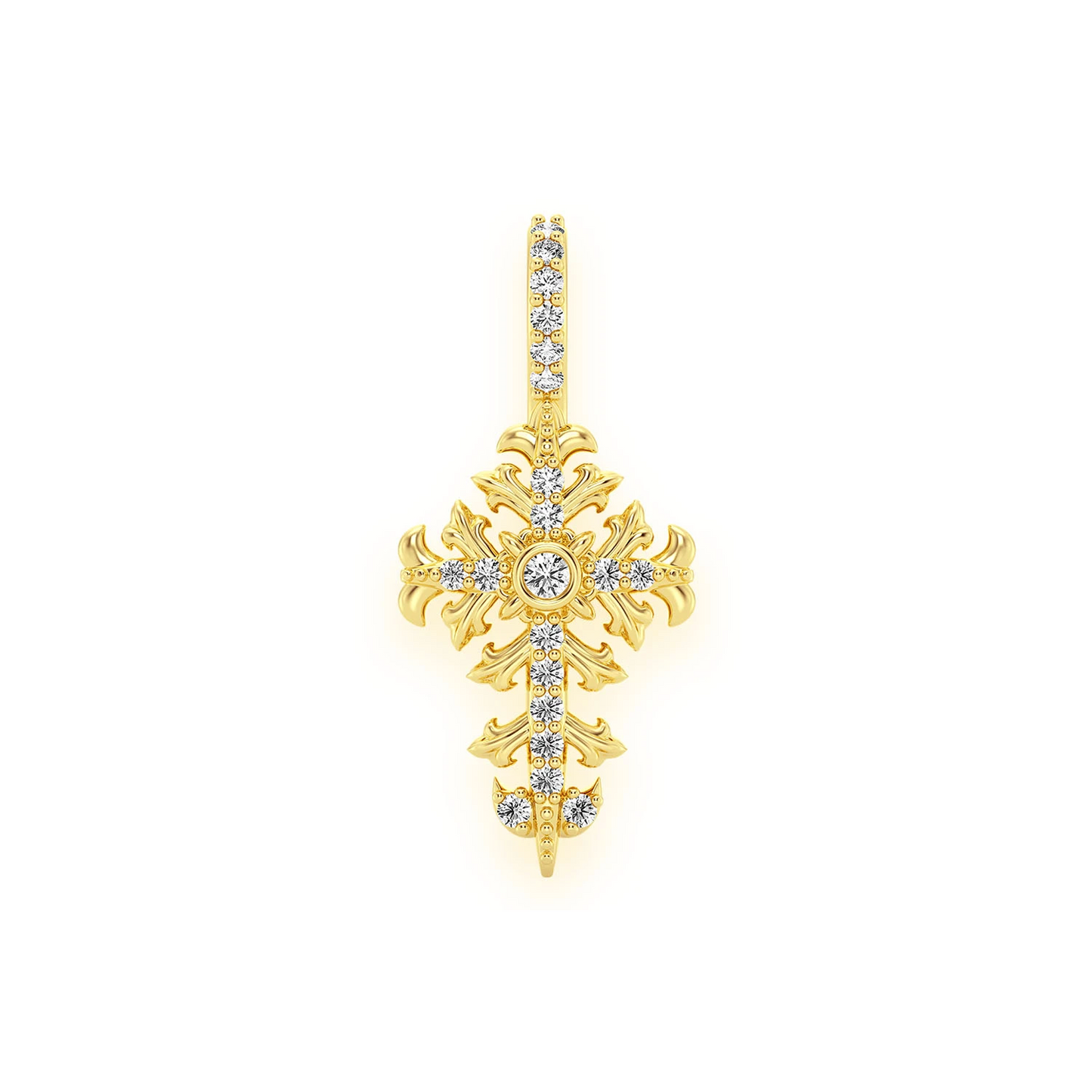 Filigree Diamond Cross Pendant in 14K yellow gold, Signature | 0.10ctw, front view