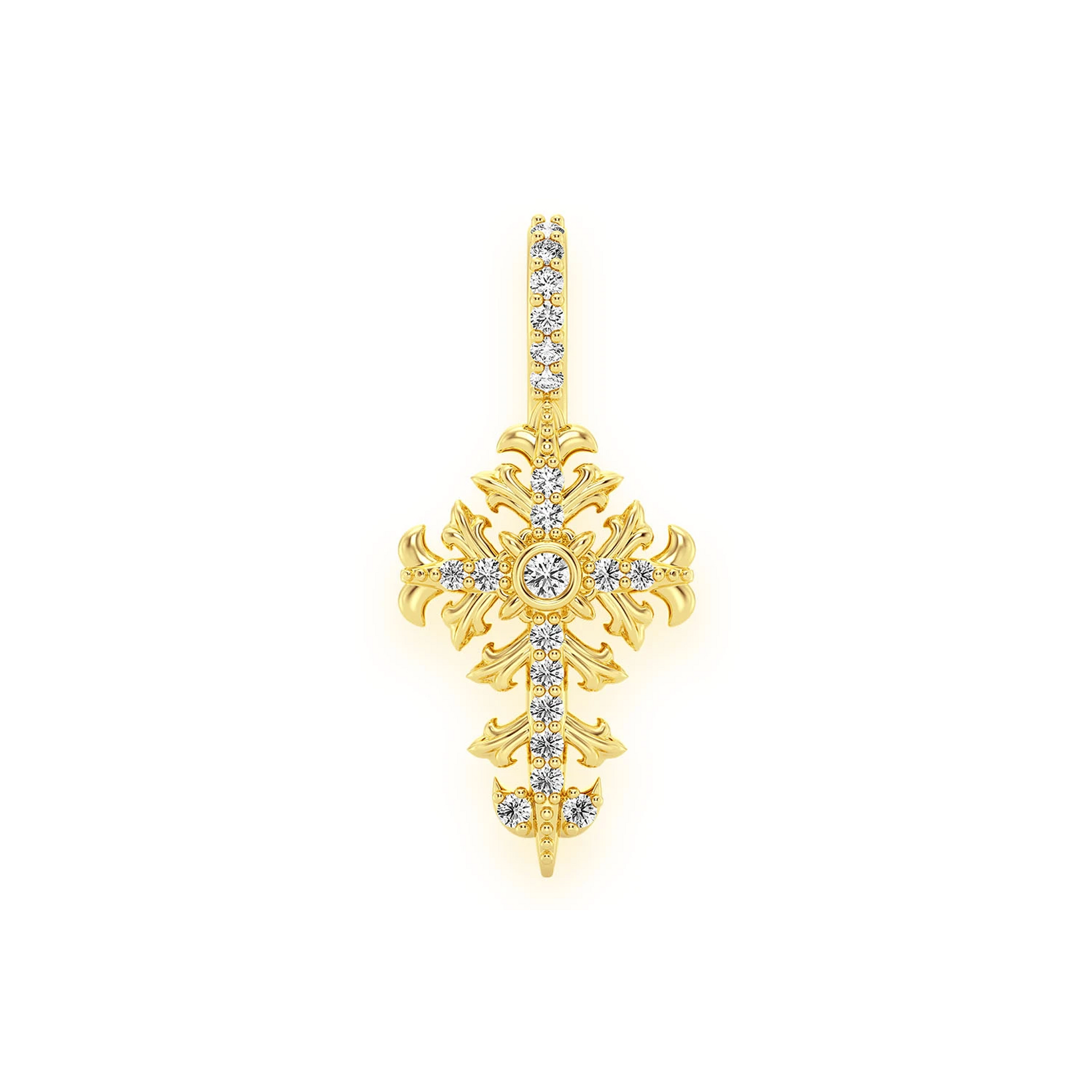 Filigree Diamond Cross Pendant in 14K yellow gold, Signature | 0.10ctw, front view