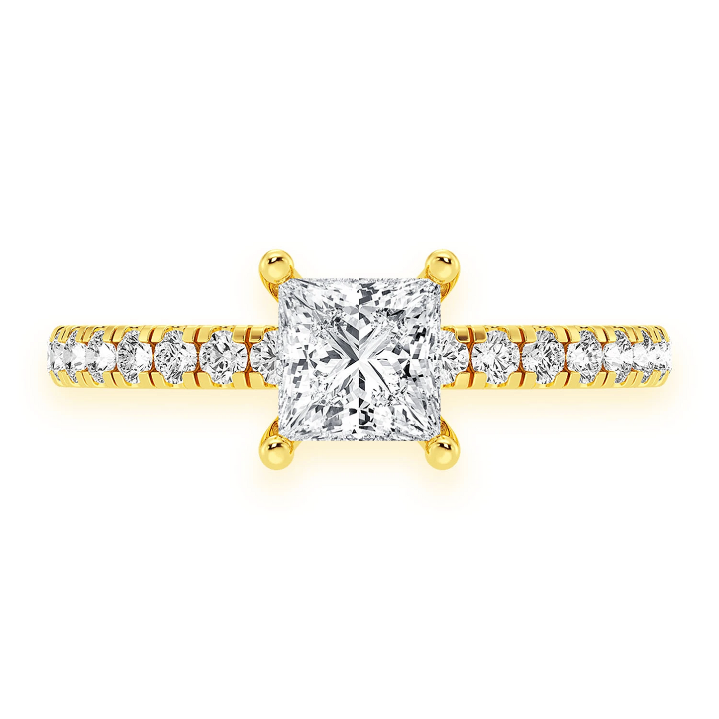 0.75ct Princess Cut Under Halo Diamond Engagement Ring in 14K yellow gold, front view
