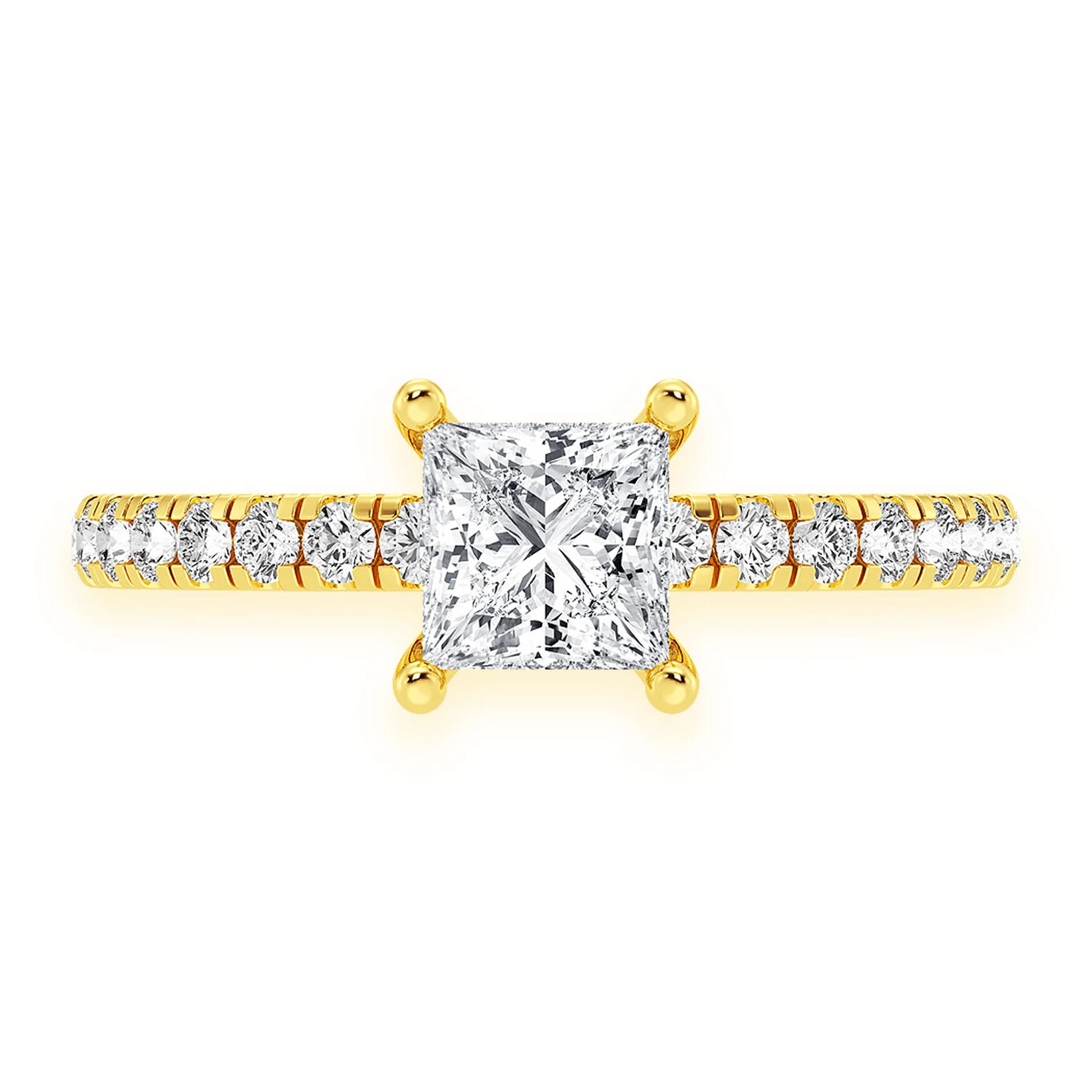 0.75ct Princess Cut Under Halo Diamond Engagement Ring in 14K yellow gold, front view